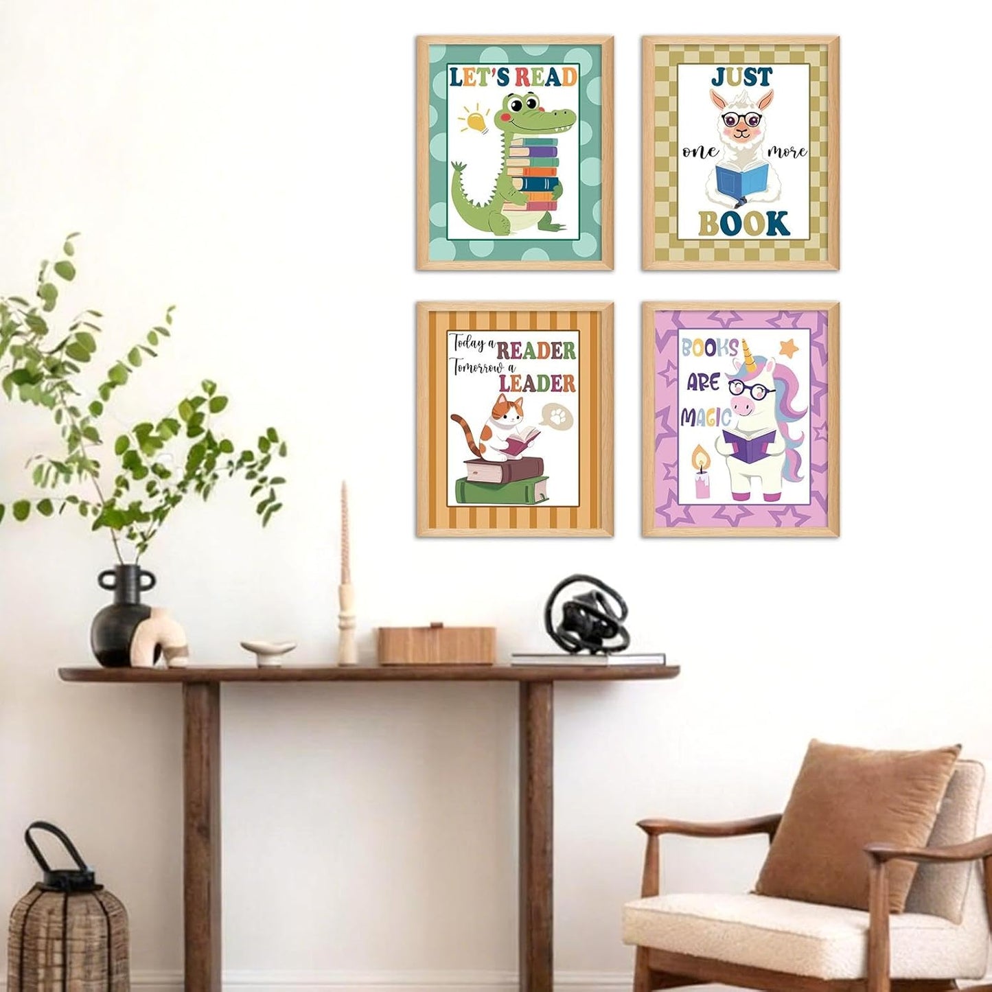 Hapons Cute Animals Reading Corner Wall Art Decor Posters, Inspirational Crocodile Alpaca Cat Unicorn Nursery Teen Toddler Kids Room Bedroom Dorm Wall Art Prints, Aesthetic Playroom Classroom Wall Decor Reader Book Lover Gifts 8''x10'' 4 PCS Unframed