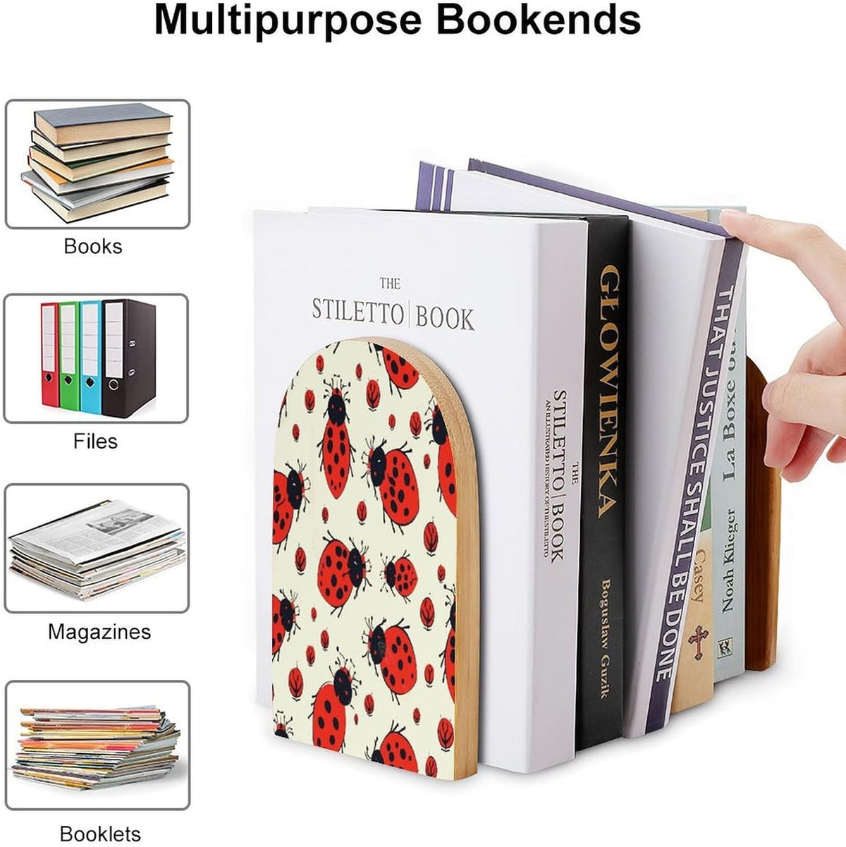 Red Ladybug Wooden Bookend Non-Slip Book Ends Heavy Duty Book Stopper with Metal Base Books Holderd Decorative Bookends Stands Firmly for Office Supplies