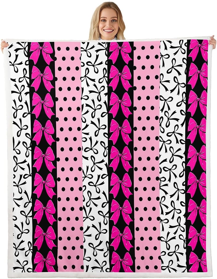 Feelyou Cute Bow Fleece Throw Blanket 40"x50" Bowknot Sherpa Blanket for Bed Sofa Couch Boys Girls Teens Girls Bow Plush Blanket Women Men Rose Pink White Black Fuzzy Blanket