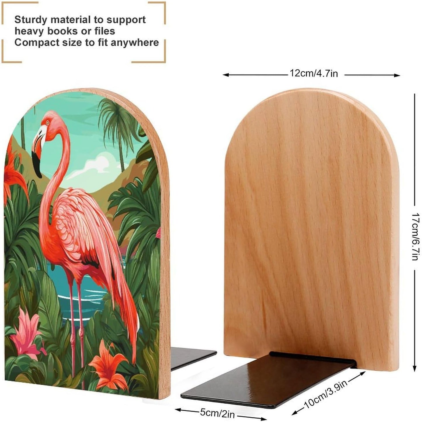 Tropical Flamingo Bookend for Shelves Wooden Book End Large Size Sturdy Book Holders Stoppers with Metal Base for Bookshelves Slick Decorative Bookends Stands