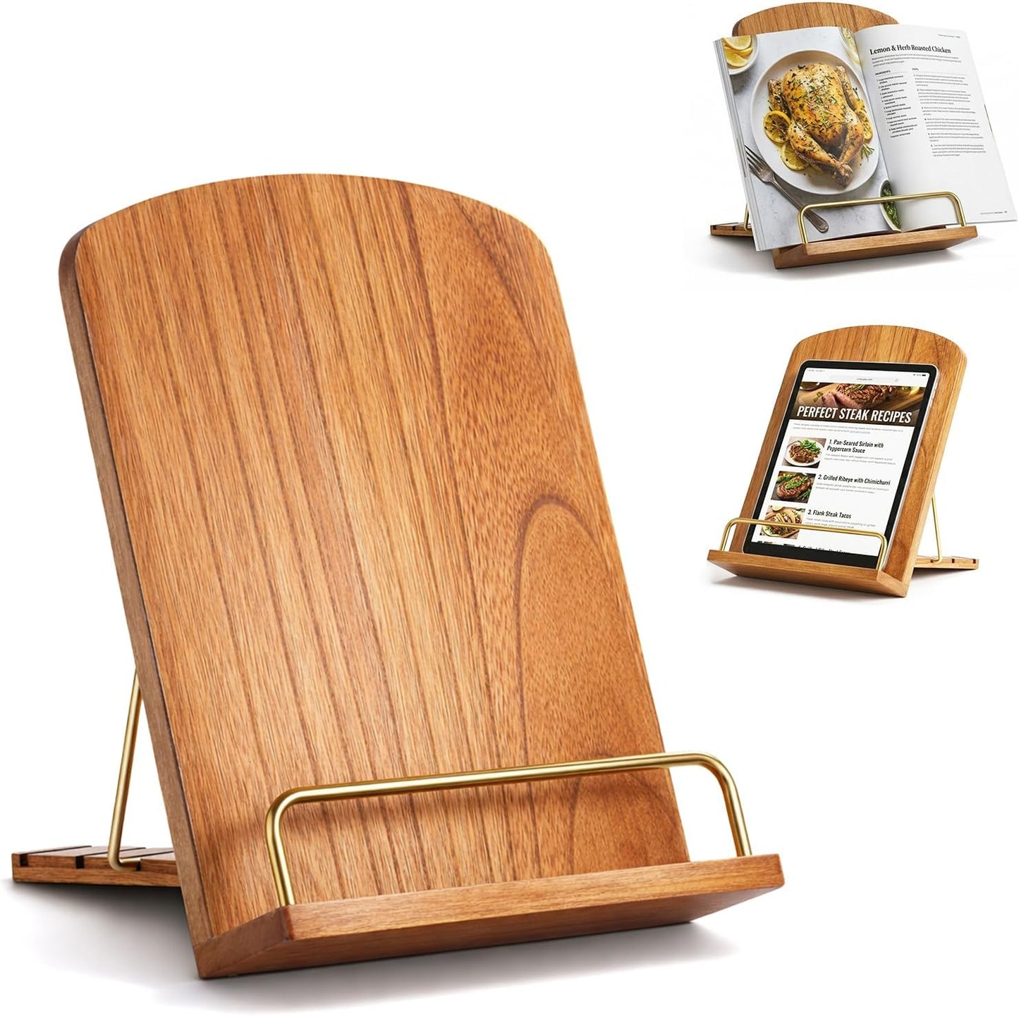 Cookbook Stand for Kitchen Counter, Wooden Recipe Book Holder for Reading Hands Free, Adjustable Cook Book Stand Wedding Retirement Gift for Woman Valentines Day Birthday Home Shelf Decor