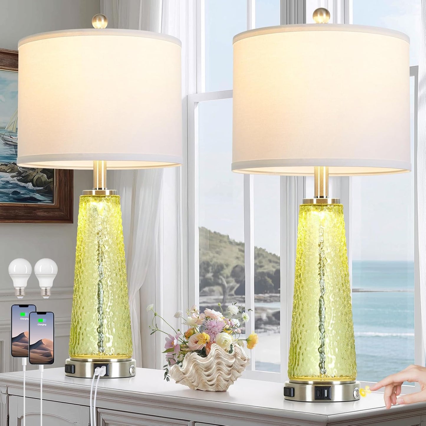 26" Gold Glass Table Lamps for Living Room Set of 2, Modern Bedside Lamp with USB A+C Ports & AC Outlet, Coastal Cracked Glass Nightstand Lamps with 2 LED Night Light for Bedroom End Table Amber Decor