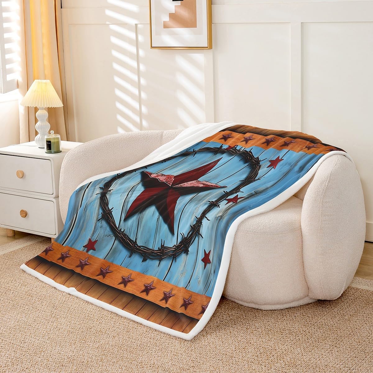 Red Western Texas Star Sherpa Blanket Rural Country Farmhouse Fleece Throw Blanket for Bed Sofa Couch Rustic Wooden Board Plush Blanket Vintage Brown Blue Fuzzy Blanket Twin 60"x80"