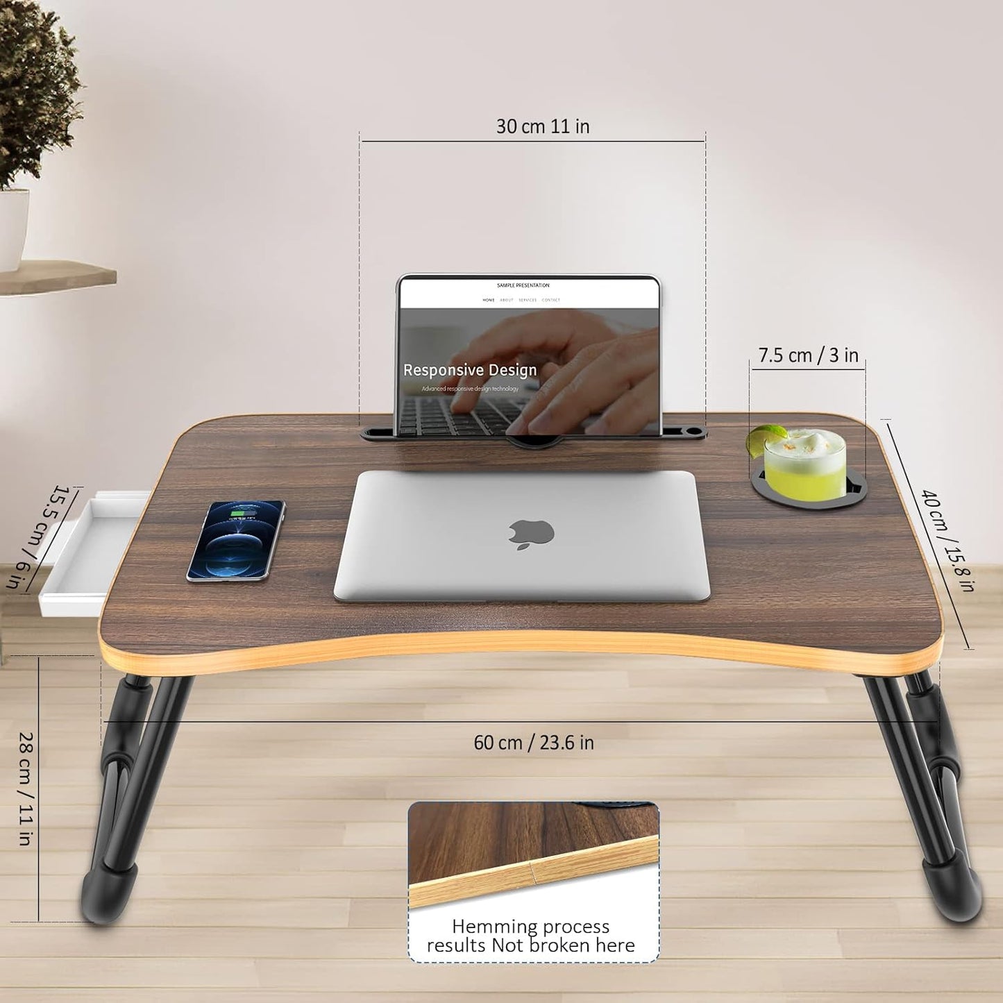 Zapuno Foldable Laptop Bed Table Multi-Function Lap Bed Tray Table with Storage Drawer and Water Bottle Holder, Serving Tray Dining Table with Slot for Eating, Working on Bed/Couch/Sofa