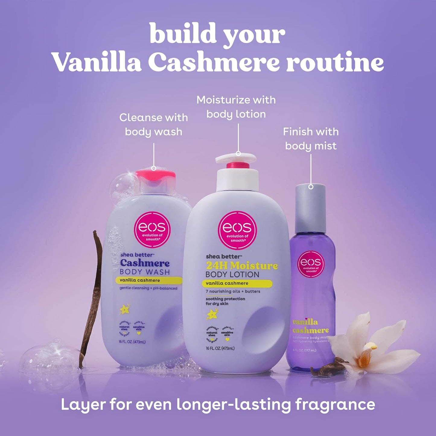 eos Body Wash, Vanilla, Moisturizing Creamy Gel Formula with Shea Butter, Glycerin, Vitamin E, pH Balanced, Sensitive Skin, Vegan, 16 fl oz