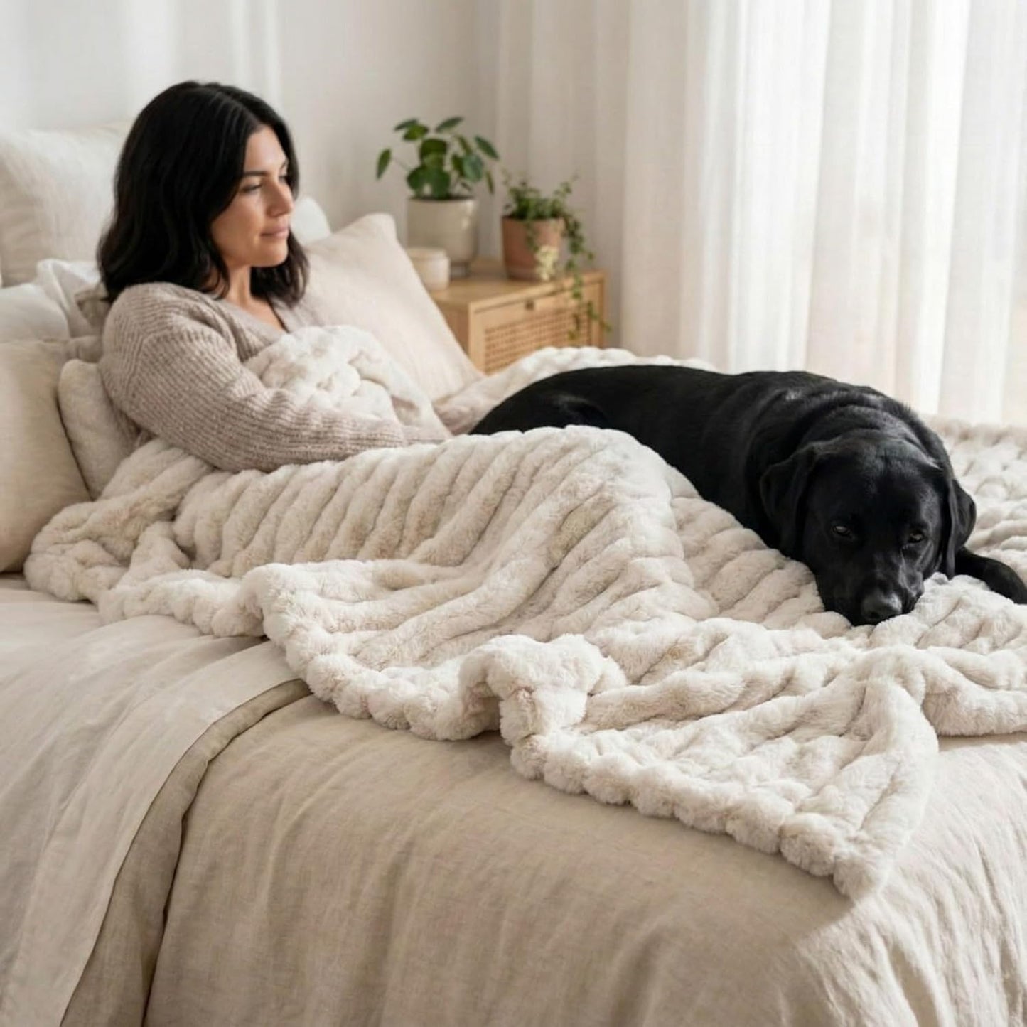 Luxury Concepts Soft Faux Rabbit Fur Throw Blanket - 50" x 60", Elegant Ruched Design Blanket, Machine Washable and Wrinkle Resistant, Lightweight Beige Throw Blanket for Couch, Sofa and Bed
