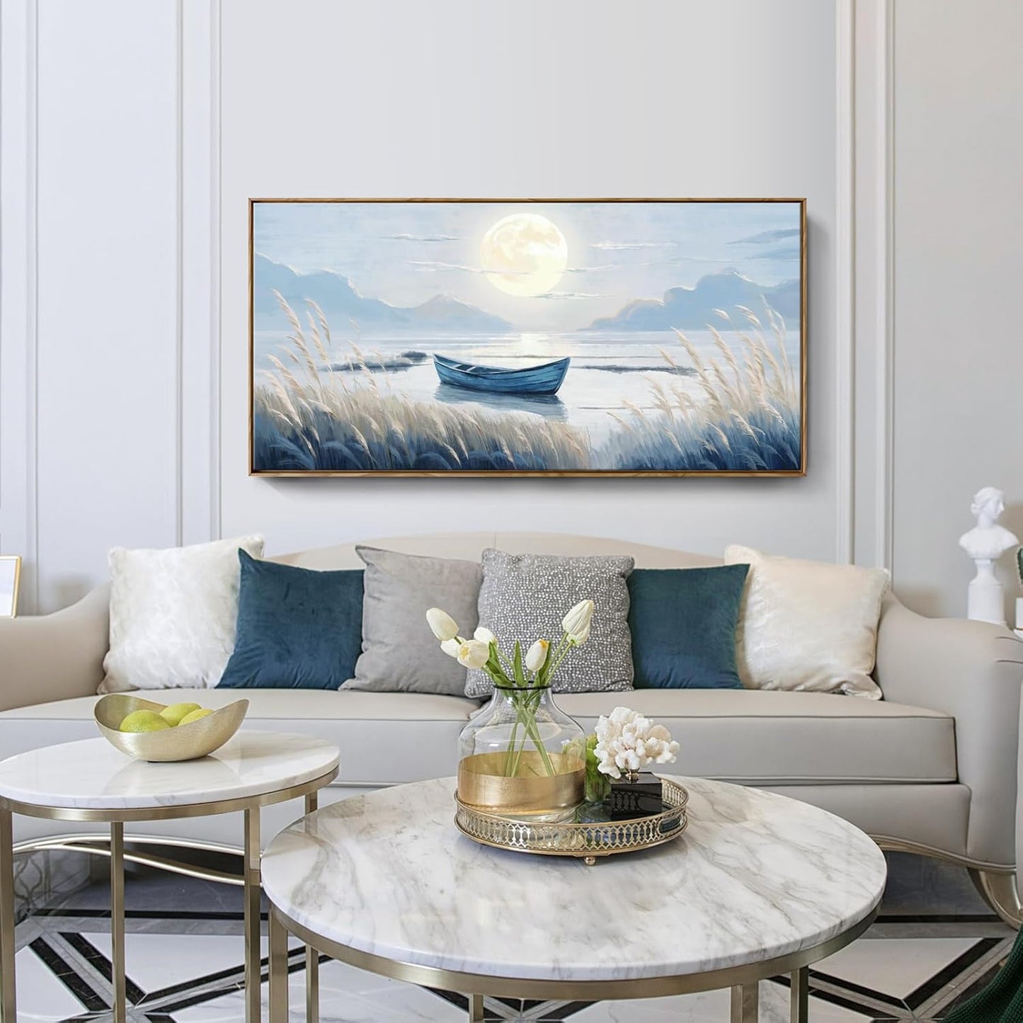 amatop Large Framed Wall Art Bedroom Living Room Decor Blue Boat Moonlight Coastal Seascape Picture Landscape Decorative Canvas Print Tranquil Night Ocean Lake Scene Artwork Nautical Wall Decor 48x24