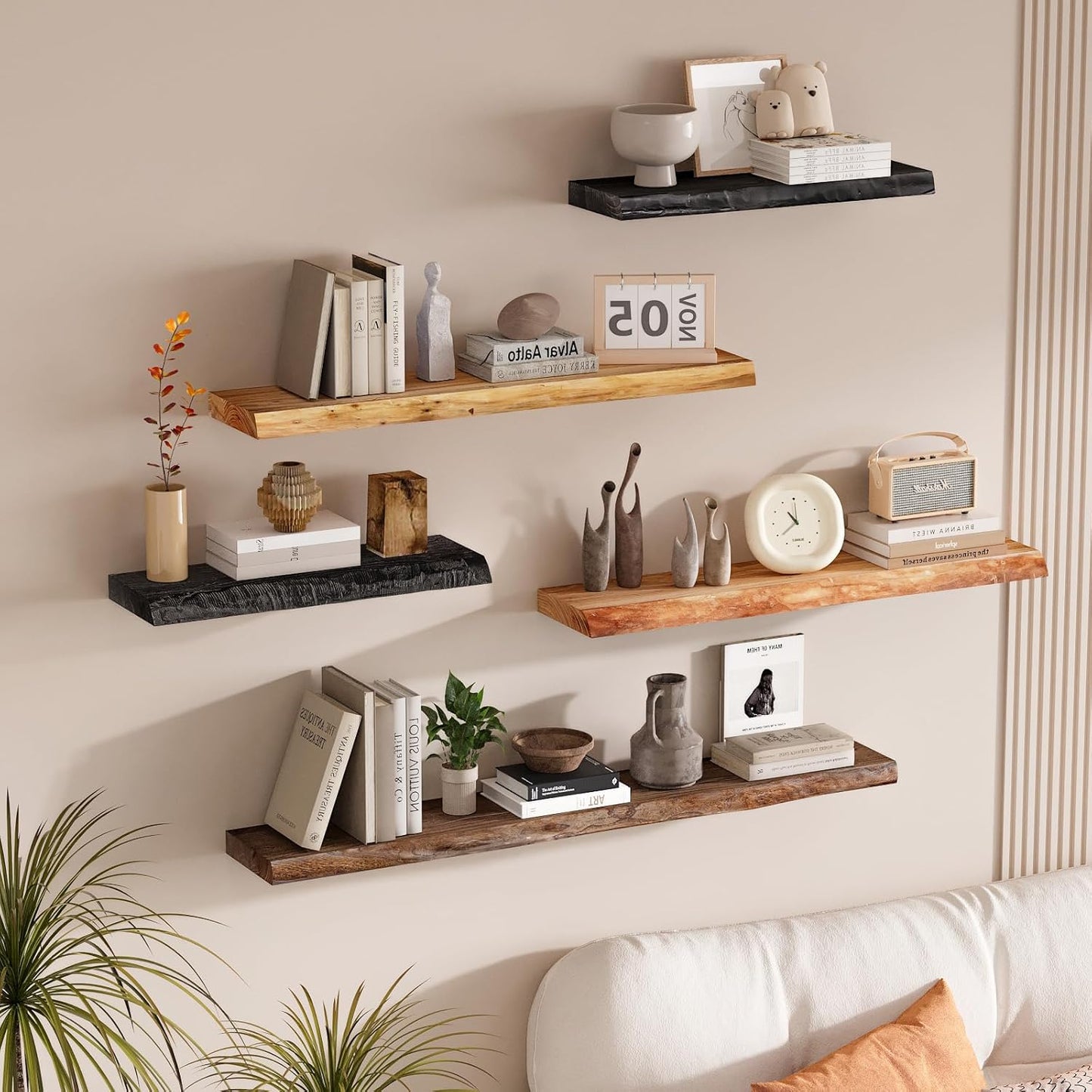 SAUMONIERES Live Edge Floating Shelves for Bedroom Living Room Wall Mounted Storage Long Natural Elm Wood Shelf Large Heavy Duty 8 Inch Deep, 24 inch Set of 2 Walnut Floating Shelves