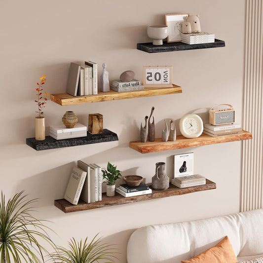 SAUMONIERES Live Edge Floating Shelves for Bedroom Living Room Wall Mounted Storage Long Natural Elm Wood Shelf Large Heavy Duty 8 Inch Deep, 24 inch Set of 2 Walnut Floating Shelves