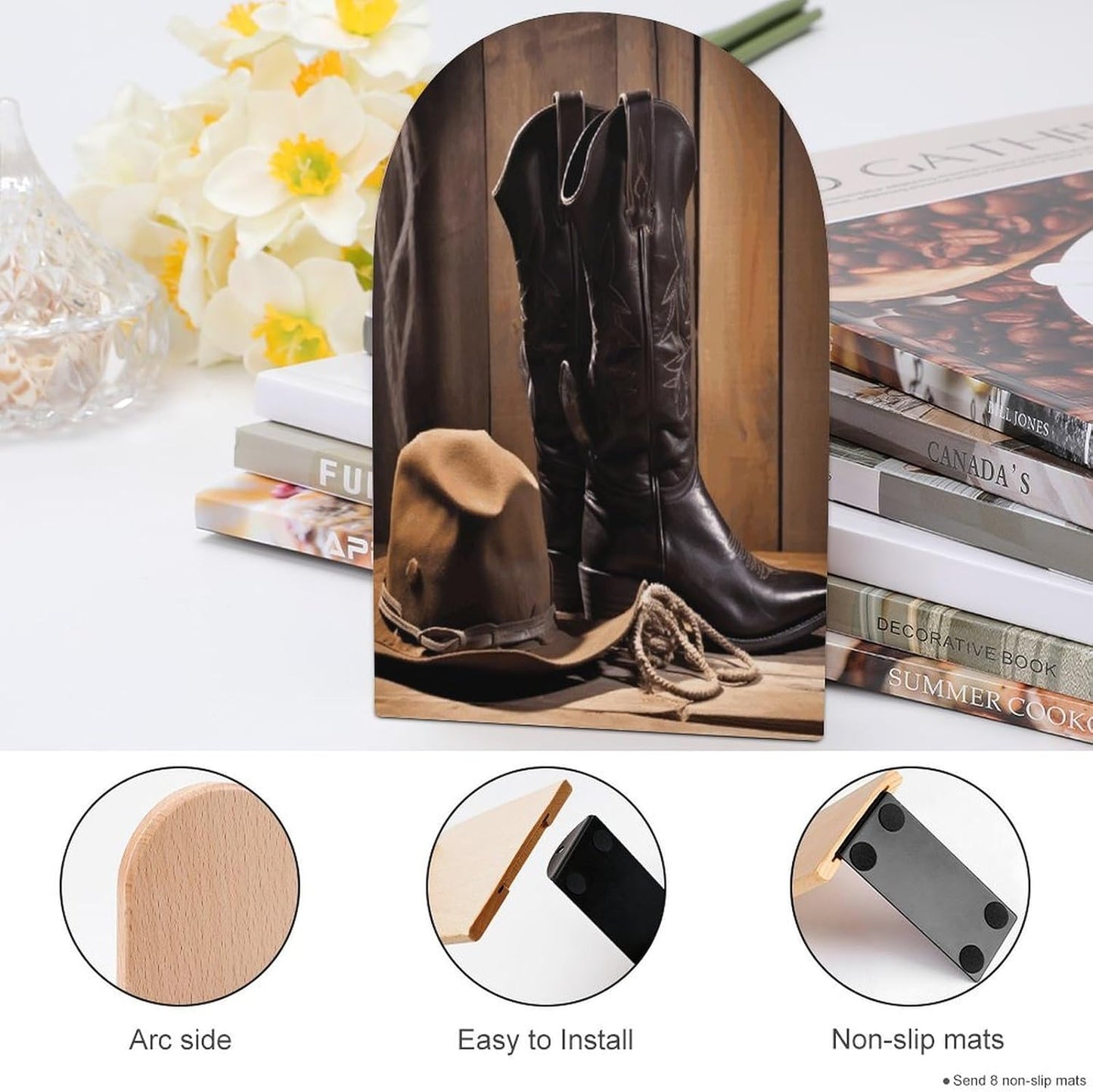 Cowboy Black Hat Western Boots Bookend for Shelves Wooden Book End Large Size Sturdy Book Holders Stoppers with Metal Base for Bookshelves Slick Decorative Bookends Stands