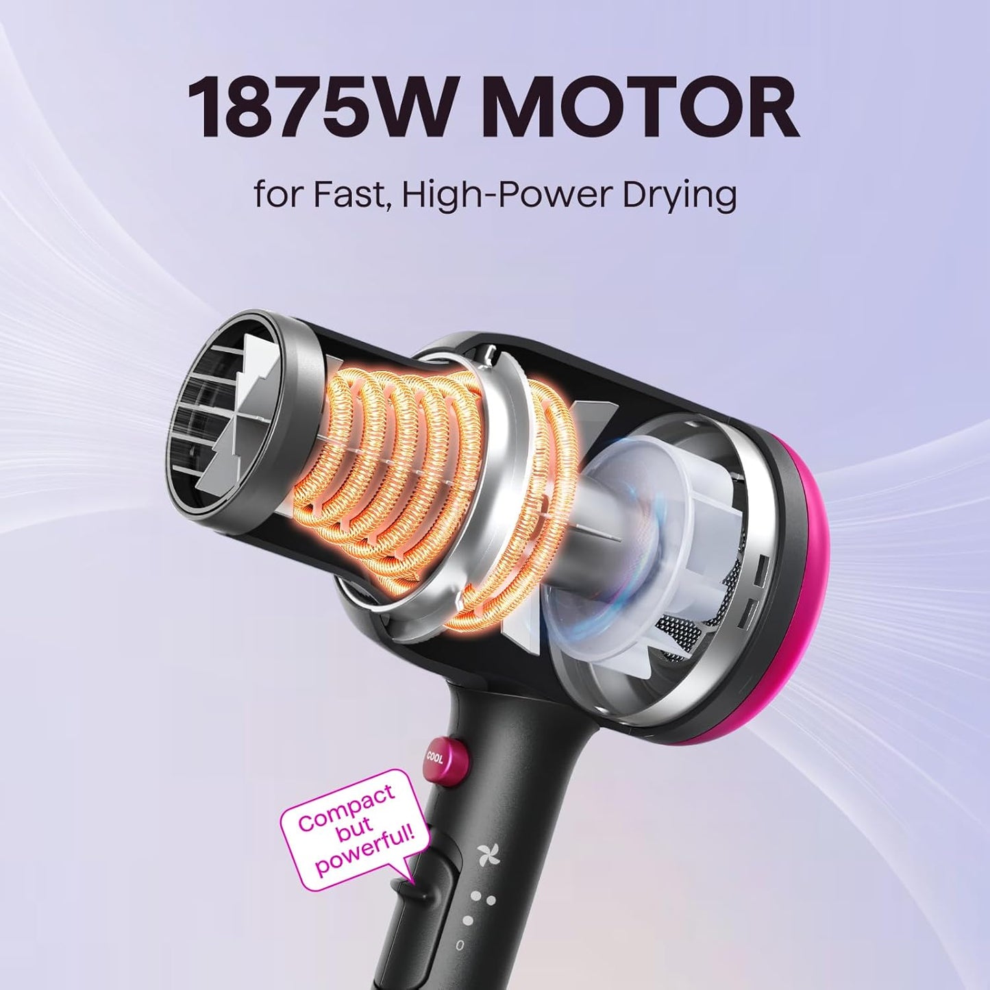 Wavytalk Hair Dryer with Diffuser, Blown Away Ionic Hair Dryer for Curly Hair with Comb, 1875W Fast Drying Blow Dryer with Ceramic Technology, 3 Attachments for All Hair Types, Light and Quiet, Black