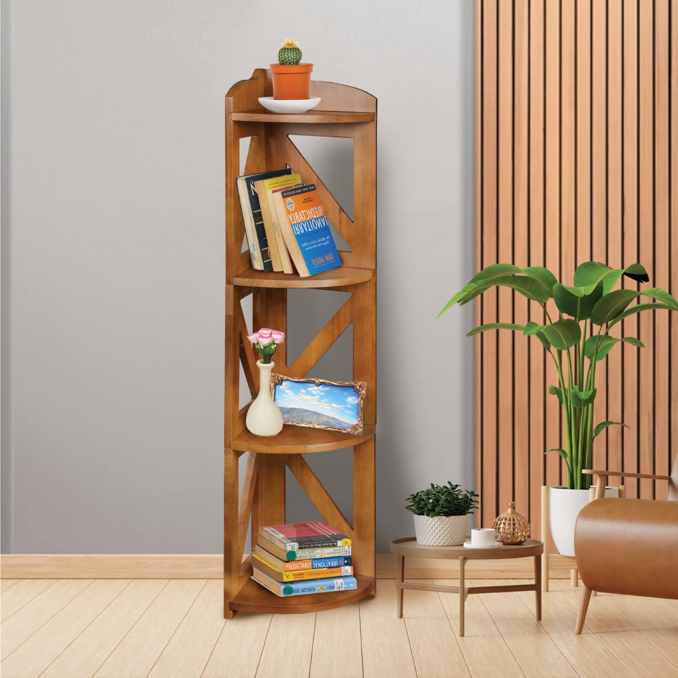Corner Shelf Stand, Corner Bookshelf, Small Corner Shelves by Natural Wood, Plant Stand, Corner Bookcase for Living Room, Home Office, Bedroom, (White, 3 Tier) (Brown, 4 Tier)