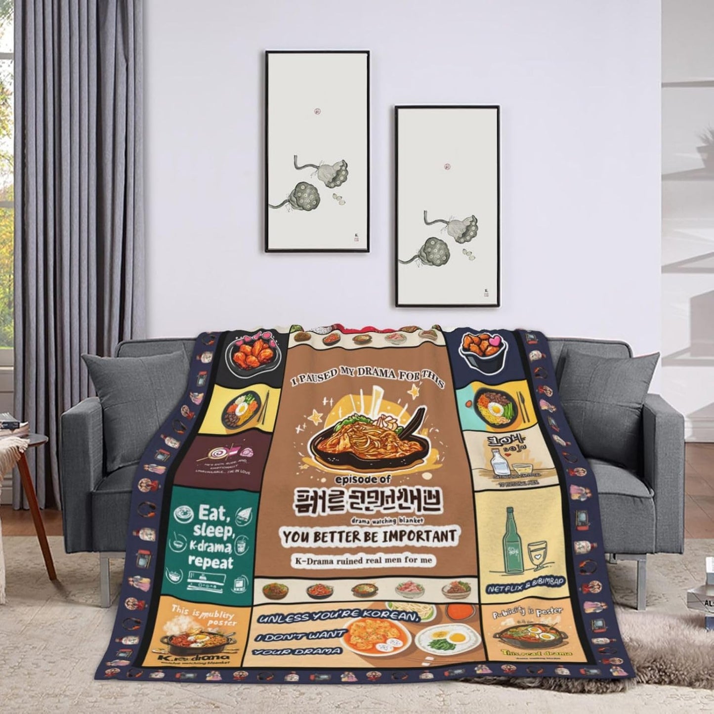 Kdrama Watching Blanket 60x50 Flannel, Korean Food Collage Ramyeon Ramen Bibimbap Tteokbokki, Soft Cozy Tv Throw for Couch Sofa, Kawaii Cartoon Gift for K-Culture Fans