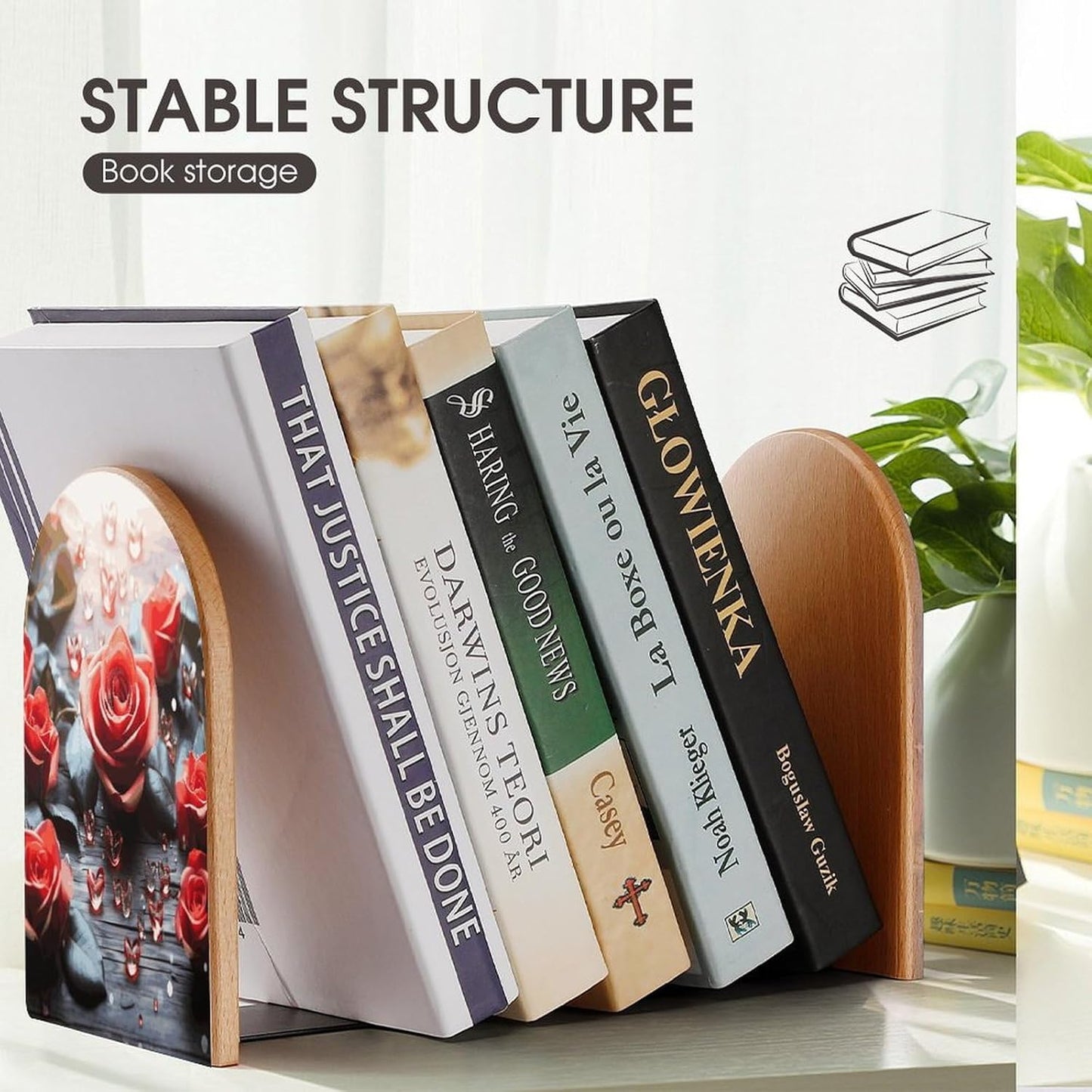 Romance Rose Flower with Heart Petal Wooden Bookend Non-Slip Book Ends Heavy Duty Book Stopper with Metal Base Books Holderd Decorative Bookends Stands Firmly for Office Supplies