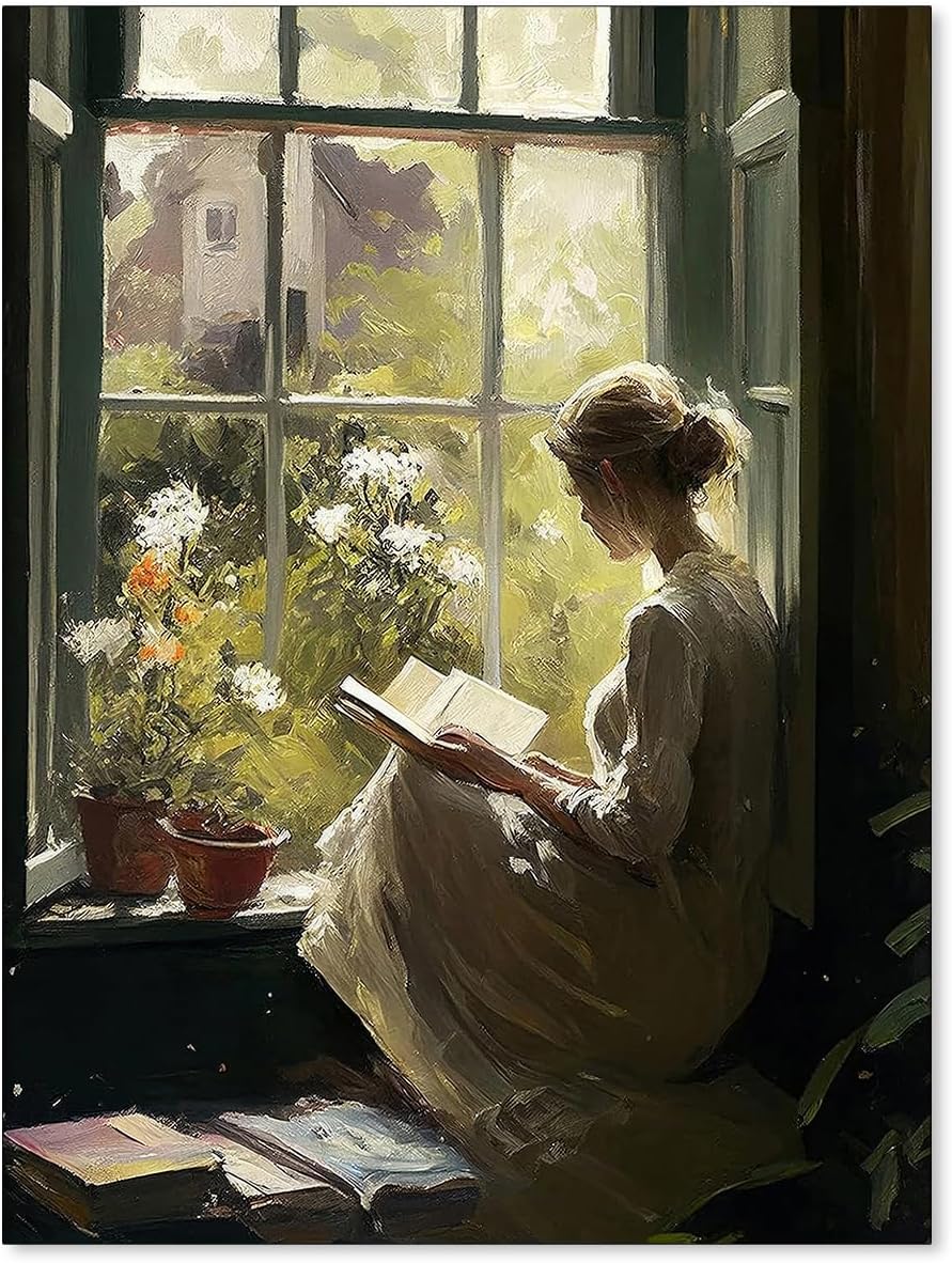 Aimery Vintage Oil Female Portrait Posters Women Window Reading A Books Wall Art Famous Antique Girl Painting Aesthetic Prints for Bedroom Gallery Wall Decor 12x16 inch Unframed