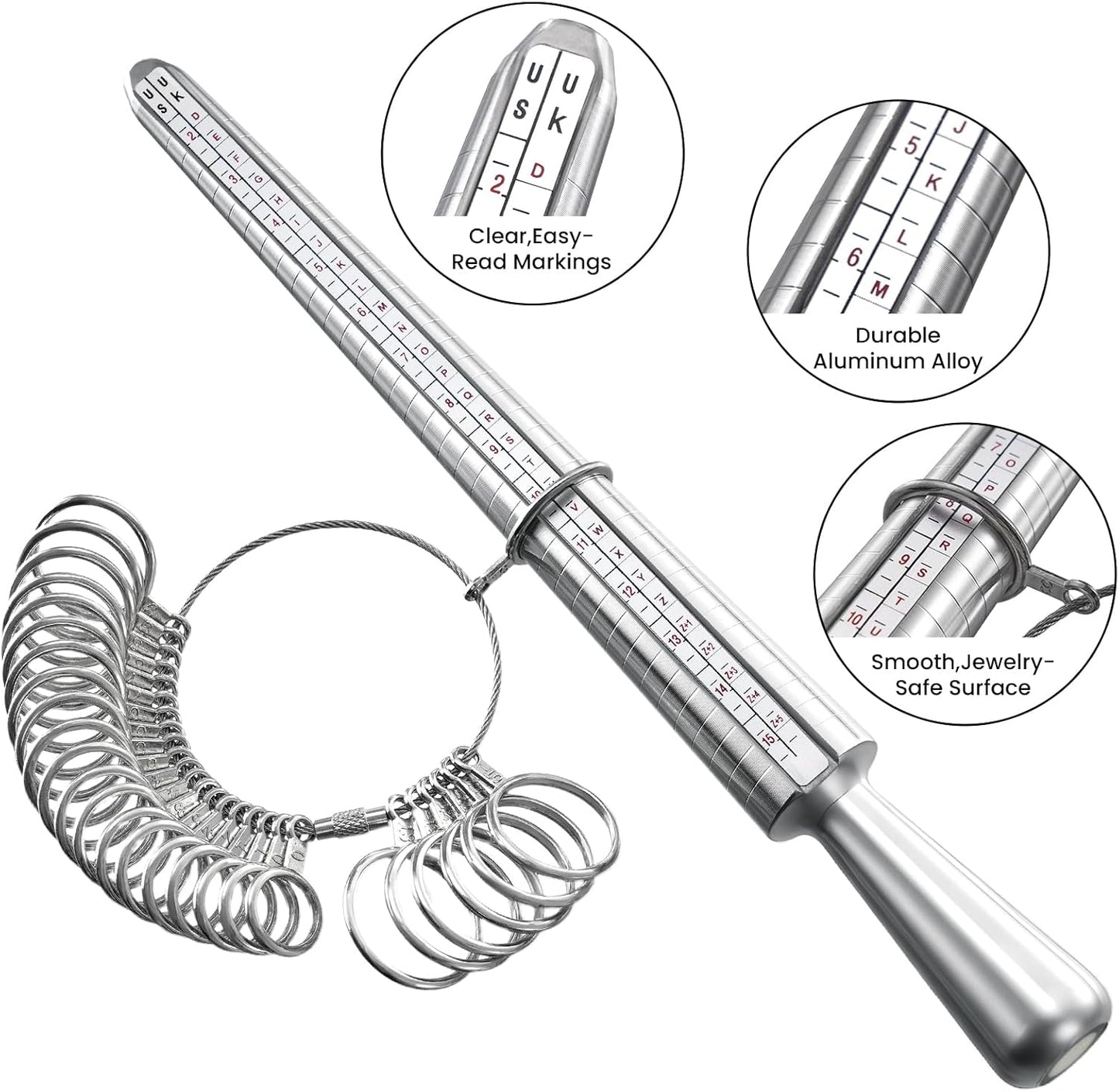 Meowoo Ring Sizer Measuring Tool Set, Ring Gauges with Finger Sizer Mandrel Ring Sizer Tools for Jewelry Sizing Measuring, 4 pcs, Silvery