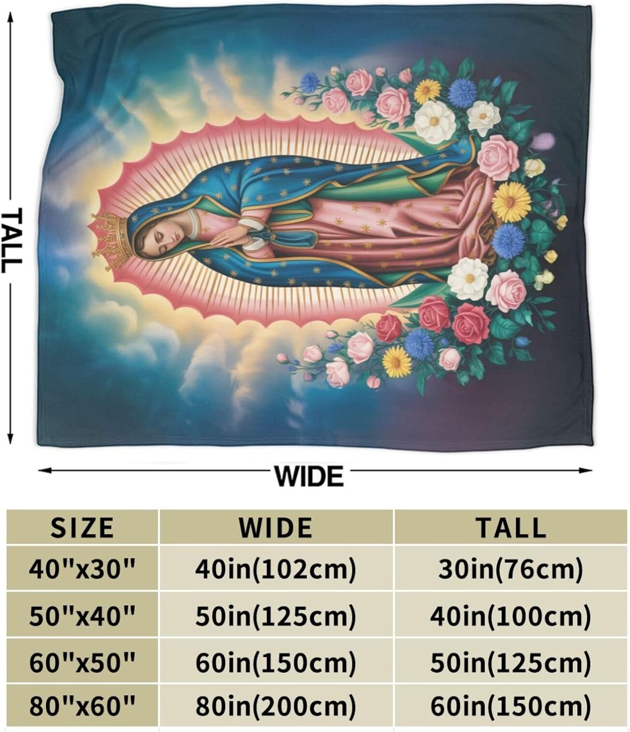 Our Lady of Guadalupe Throw Blanket, Religious Art Floral Design, Soft Cozy for Couch Bed - 60"x50"