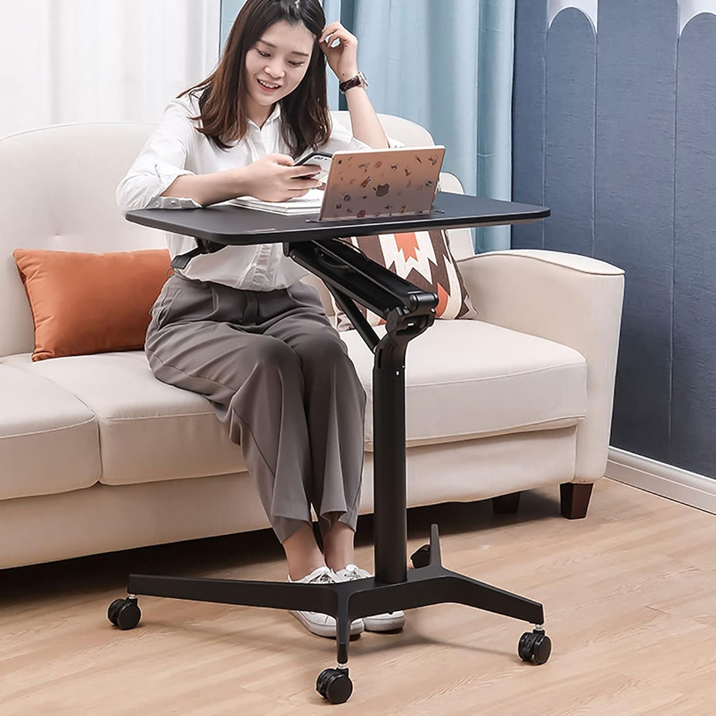 Side Table with Wheels, Mobile Overbed Computer Table Bed Adjustable Height Sofa End Table Hospital Nursing Table for Reading, Bedridden, Elderly