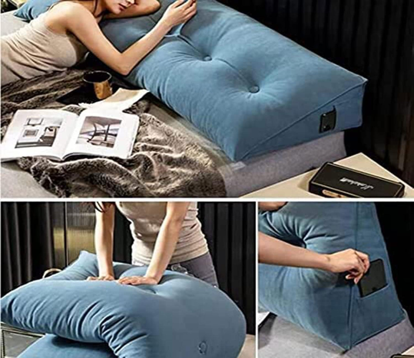 Reading Large Headboard Backrest Triangular Pillow Positioning Support Wedge Pillow for Bed Bolster Sofa Tatami Removable(Size:150x20x45cm(59x7.8x17.8),Color:Blue)