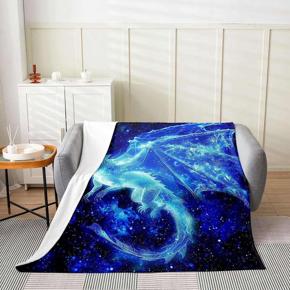 Feelyou Dragon Plush Throw Blanket Twin 60"x80" Galaxy Wildlife Animals Flannel Fleece Blanket Outer Spaces Blue Black