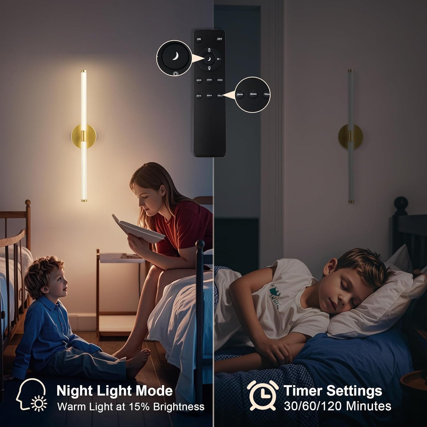 Wireless Wall Sconces Rechargeable Battery Operated LED Wall Light with Remote, 3000K-6000K Adjustable Stepless Dimming for Bedroom, Hallway, Kitchen, 23.6 Inch Gold