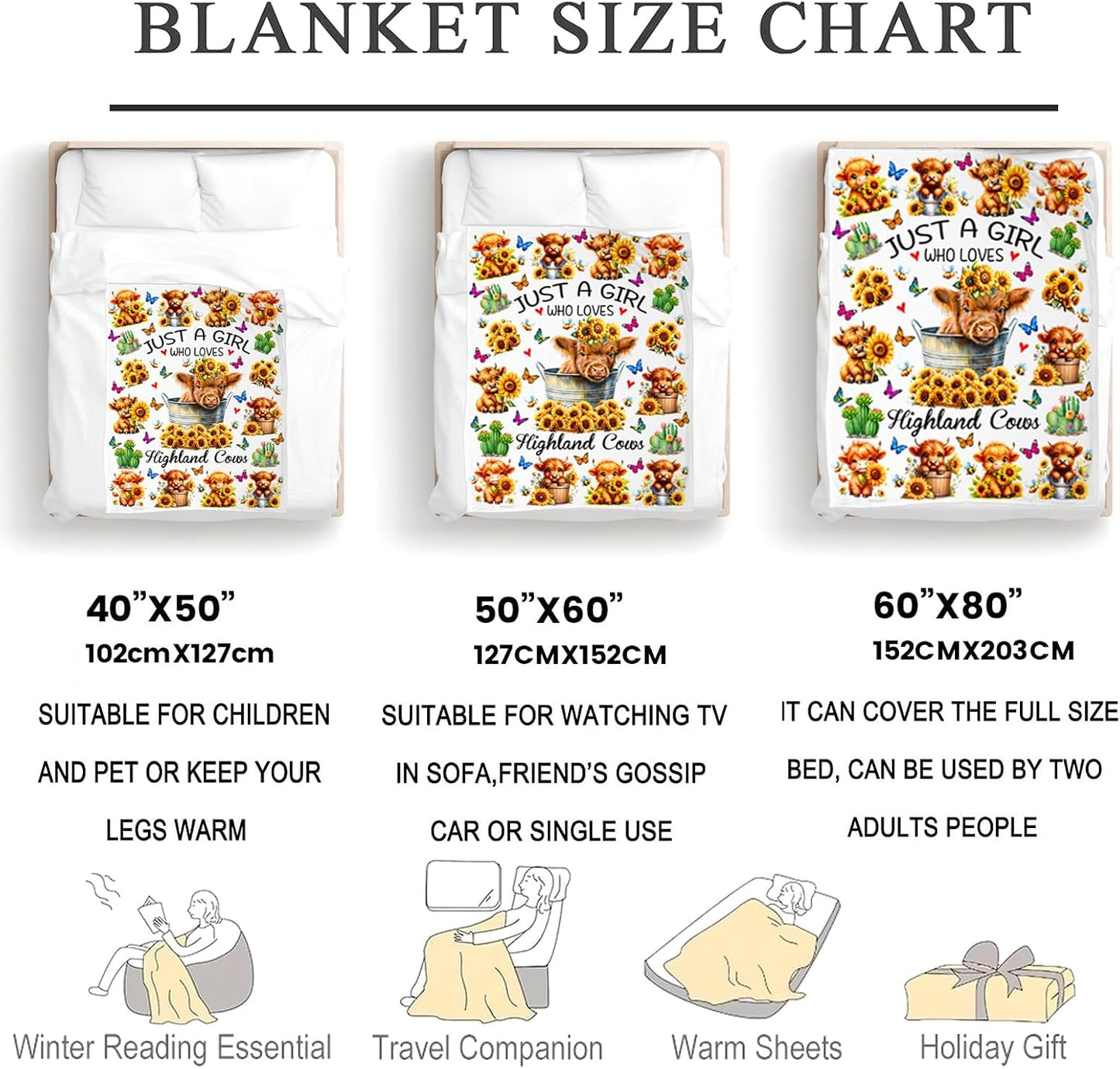 Highland Cow Gifts Sunflower Highland Cow Print Blanket Throw Plush Stuff Cute Animal Butterfly Gifts for Girls Kids Women Adults Highland Cow Lovers Birthday Decorations 50"X40"