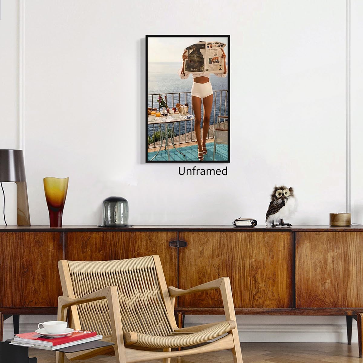 Woman Reading Newspaper Canvas Wall Art, Fashion Magazine Cover Old Money Aesthetic Poster, Summer Coastal Elegant Girly Breakfast Print for Kitchen, Feminist Photography Art 8x12in Unframed