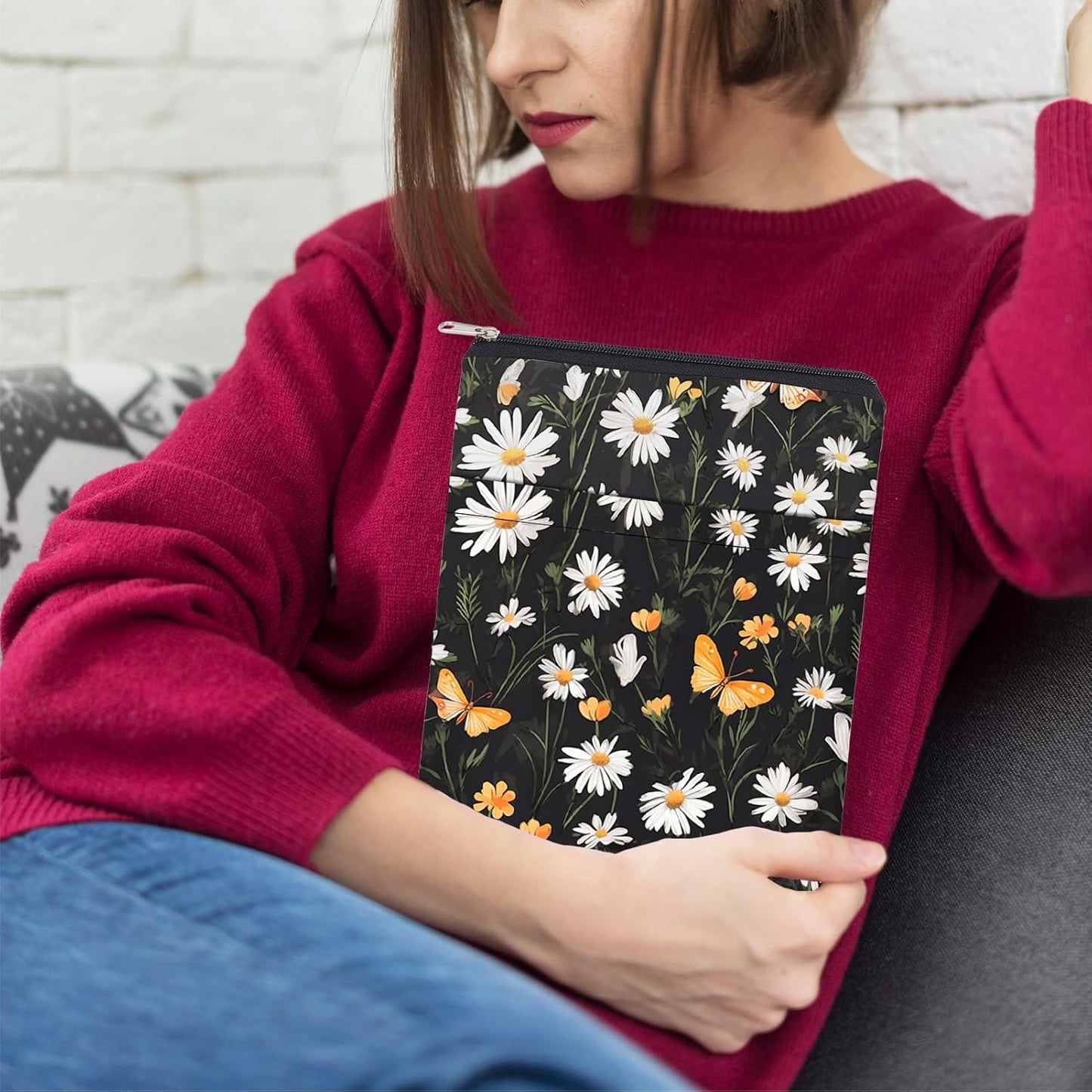NICENEEDED Book Sleeve with Butterfly Sunflower Design, Waterproof Front Pocket Book Pouch for Women, Washable Book Protector with Zipper for Notebooks Hardcover and Paperback
