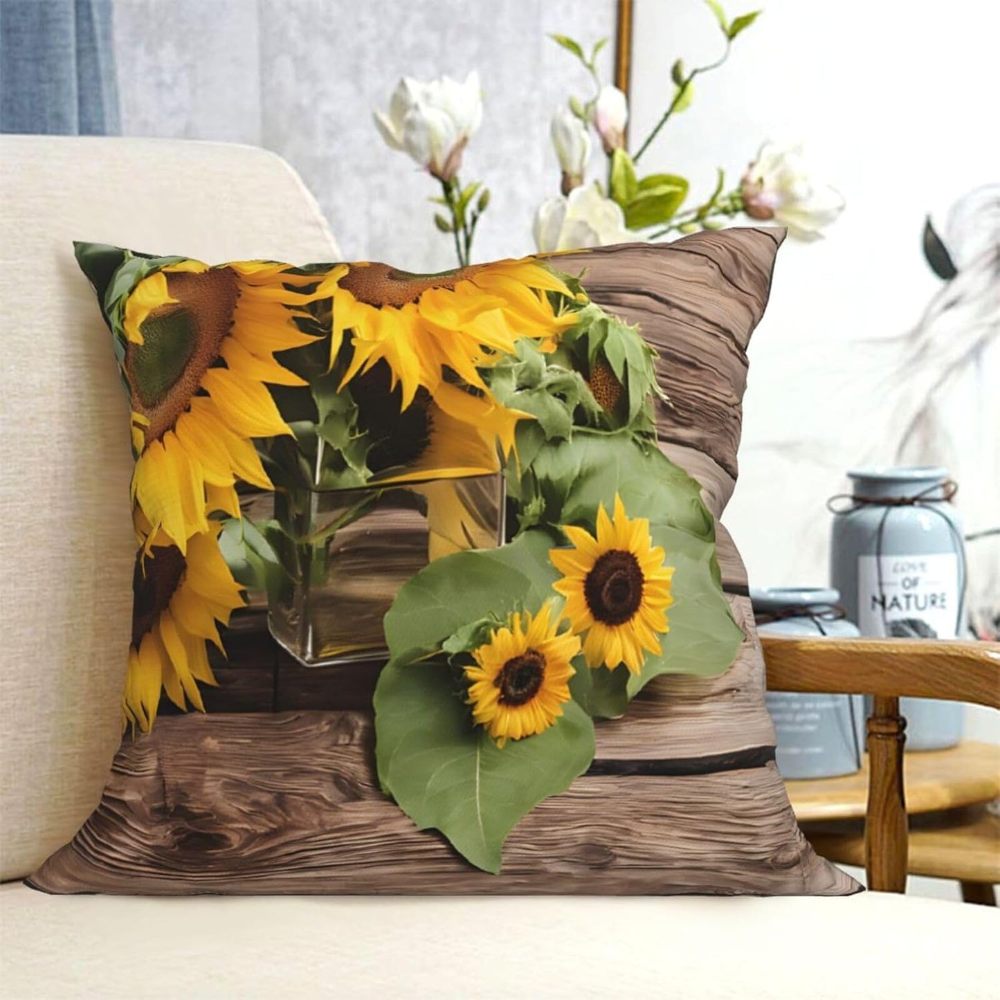 All-Season Square Pillow Covers 18"X18", Three Sunflowers, Decorative Throw Pillow Covers for Sofa Bed Couch, Hidden Zipper Cushion Cover, Square Lumbar & Accent Pillowcases for Home Decor