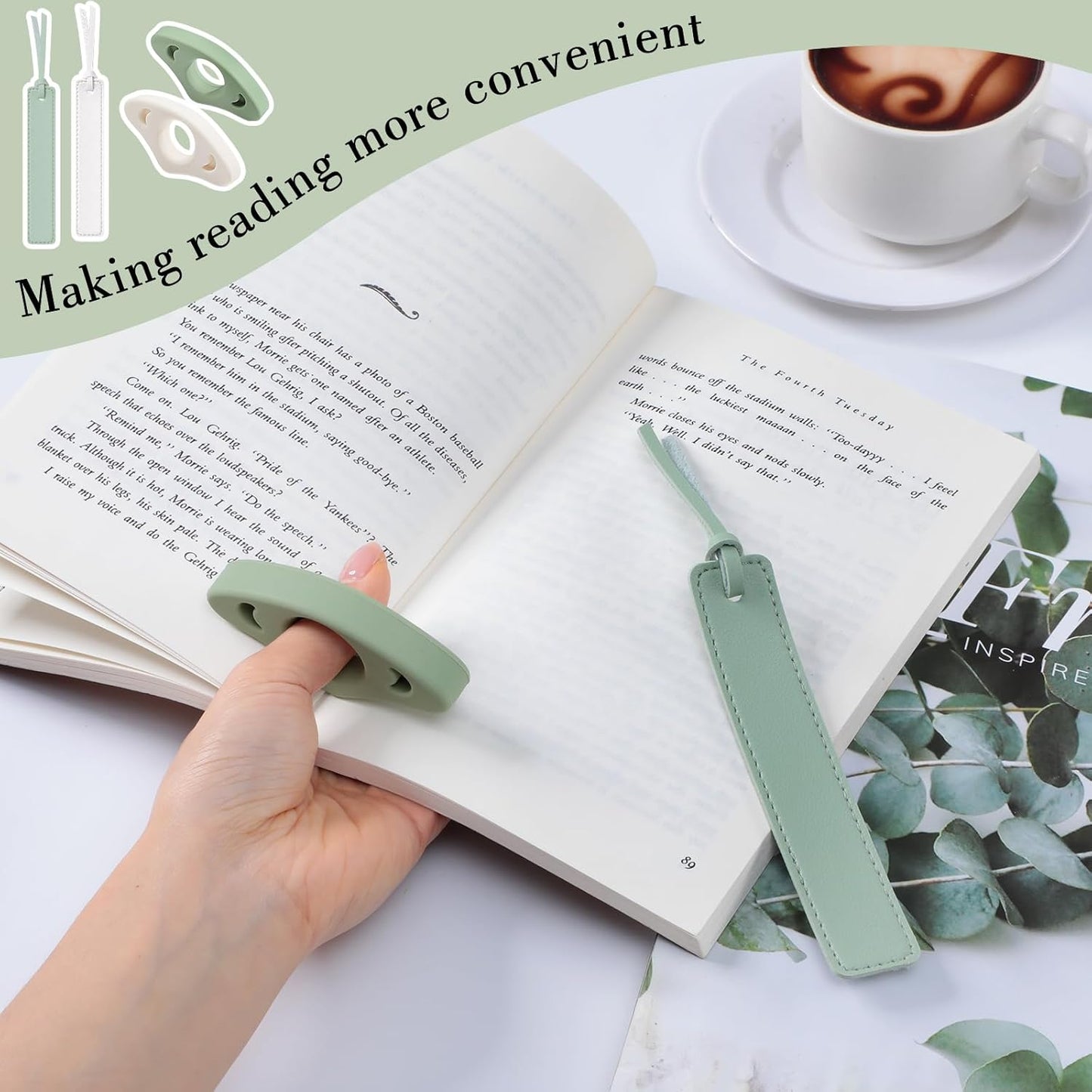 4Pcs Book Page Holder Set, 2Pcs Breathable Silicone Thumb Book Page Holder and 2Pcs Leather Bookmark, Easter Basket Stuffers, Mothers Day Gifts, Reading Accessories for Book Lovers, Readers