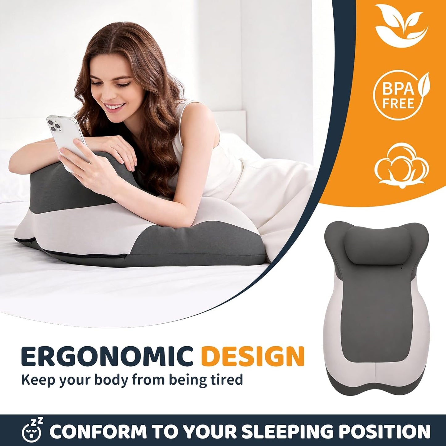 Memory Foam Ergonomic Wedge Pillow, Prone Pillow for Sleeping, Squat Pillow, Reading Pillow for Bed, Ideal for Massage, with Removable Cover, Back Support, Multi-Functional Memory Foam (Grey)
