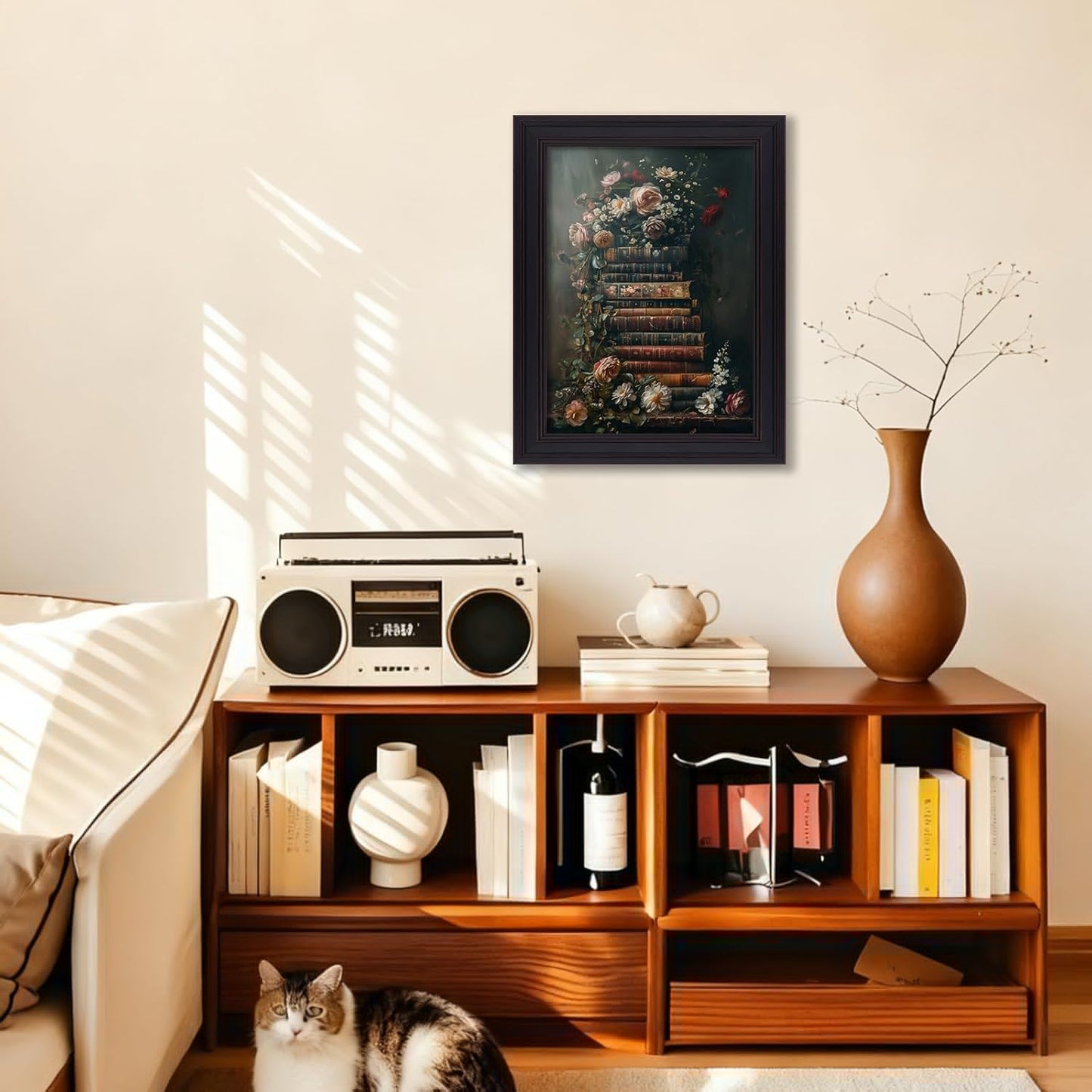 Vintage Framed Book Floral Wall Art Dark Academia Antique Flower Poster Retro Library Botanical Oil Painting Rustic Cottagecore Canvas Prints for Gallery Bathroom 08x10 inch