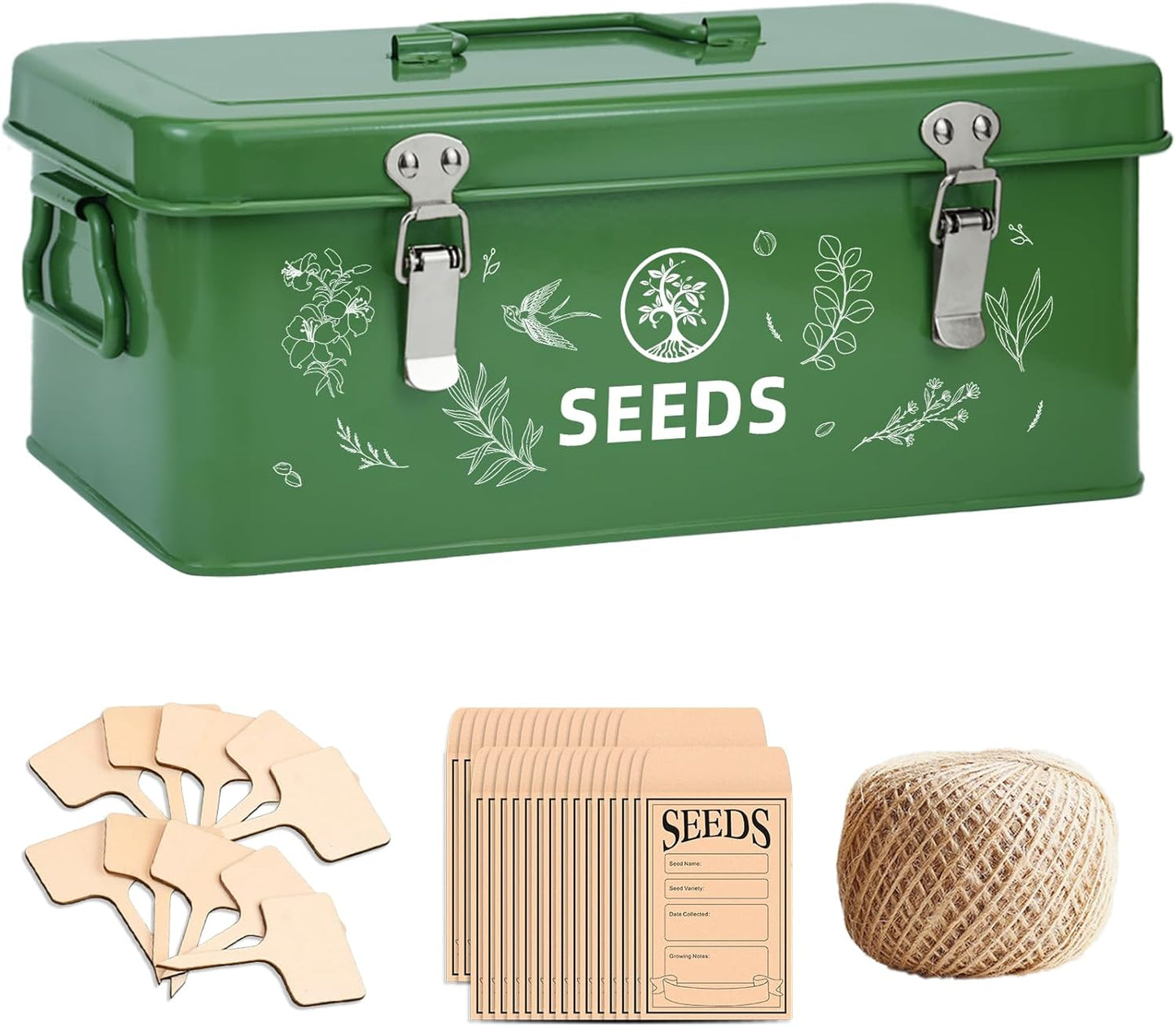 Seed Storage Box, Seed Storage Organizer with Garden String, 30 Seed Envelopes and Bamboo Plant Labels, 4 Compartments Garden Seed Organizer Box with Safety Locks, Dark Green