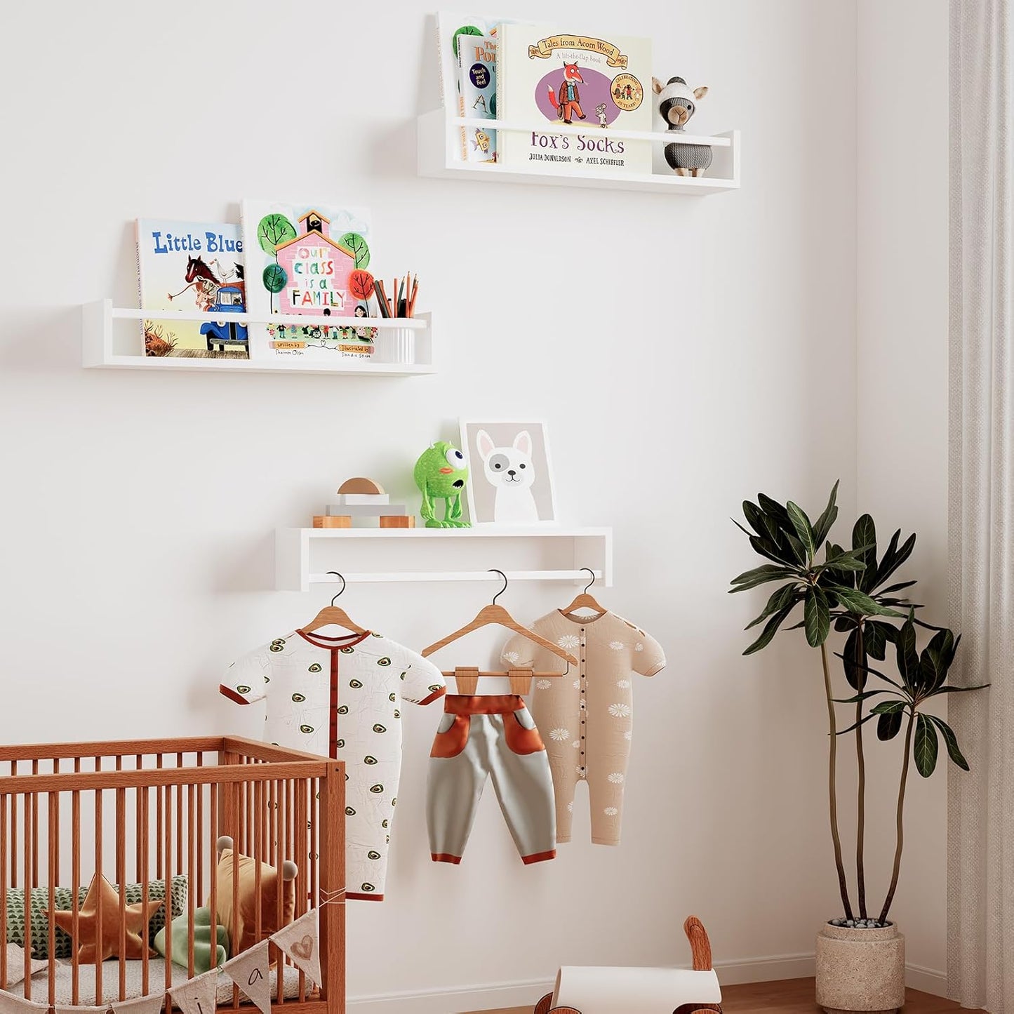 Fixwal Floating Bookshelves for Wall, 16.5 Inch Wood Nursery Book Shelves Set of 3, Baby Kids Decor, Solid Wood Wall Mounted Shelves for Books, Toys and Decor Storage (White)