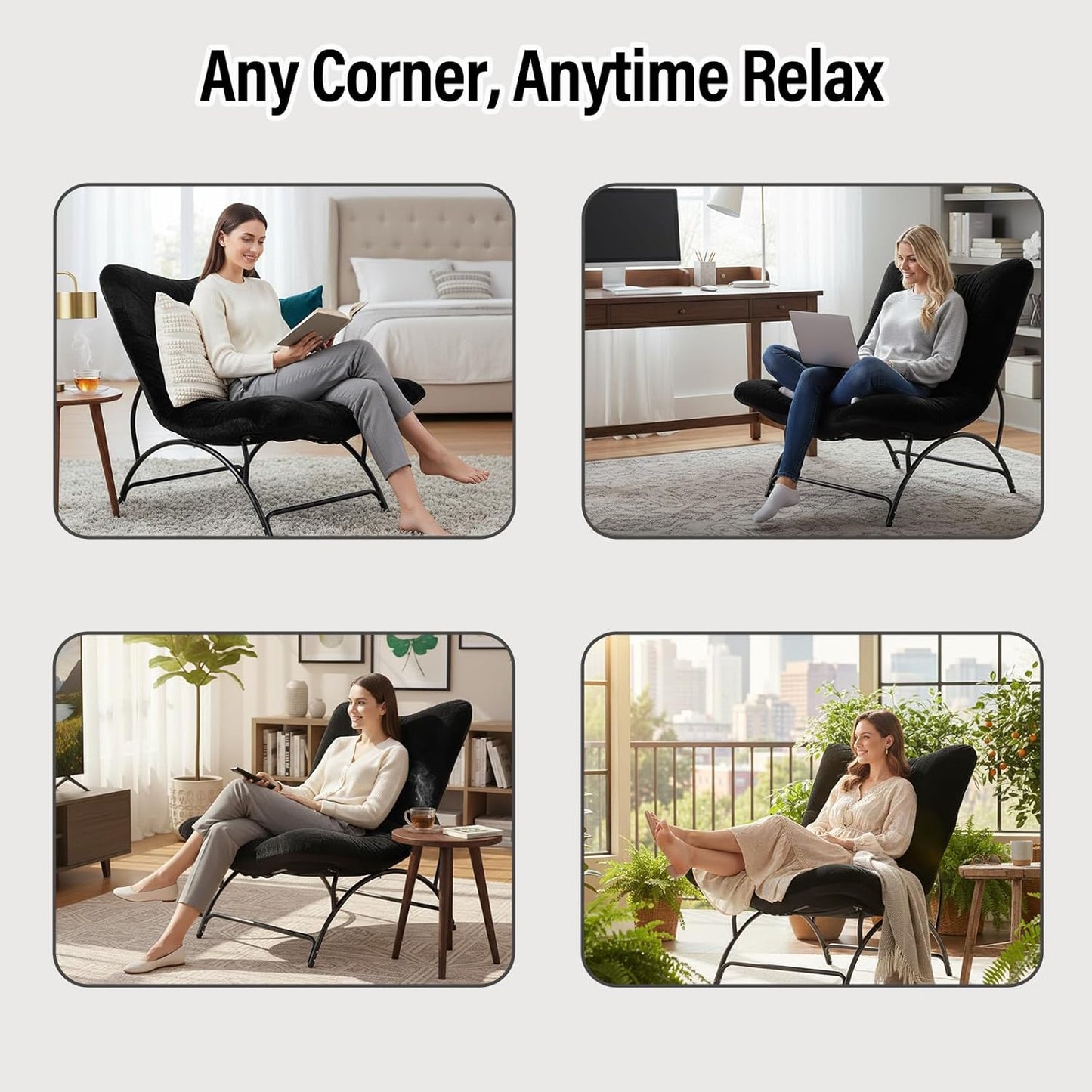 Tiita Accent Lazy Chair, Comfy Lounge Chair with Metal Frame and Plush Fabric, Spacious Seat Cozy Recliner Chair for Reading Room, Living Room, Bedroom, Office, Black
