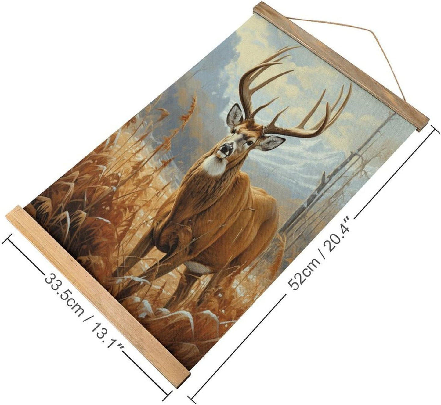 Vintage Buck Deer Poster with Wooden Frame Personalized Linen Hanging Scroll Painting Rustic Wall Hanging Illustrative Modern Artwork Decor for Home Living Room Bedroom Office