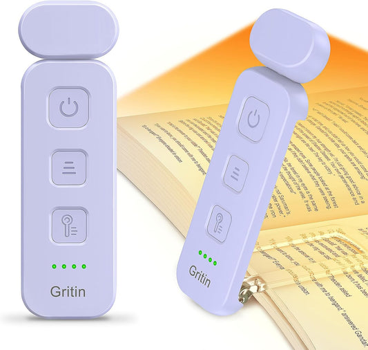 Gritin Reading Light, Book Light for Reading in Bed - Eye Caring 3 Colors, 5-Level Dimmable Brightness,Long Lasting, Compact Size Rechargeable Clip on Book Reading Light for Book Lovers-Purple
