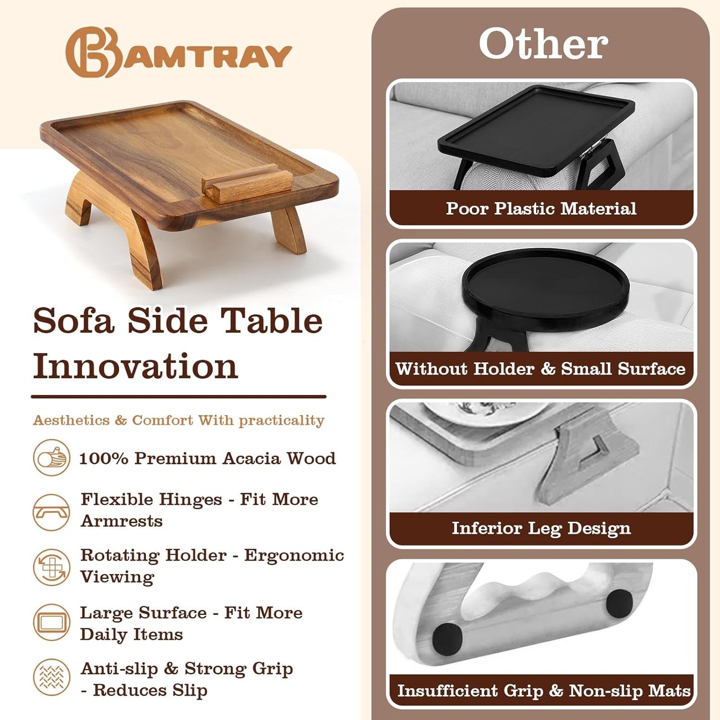 Acacia Wood Couch Armrest Table,Sofa Arm Tary Table for Living Room,Sofa Armrest Tray with Rotated Phone Holder,Clip on Arm Rest Tables for Couch,Foldable Side Tables Serving Trays for Eating&Drinking