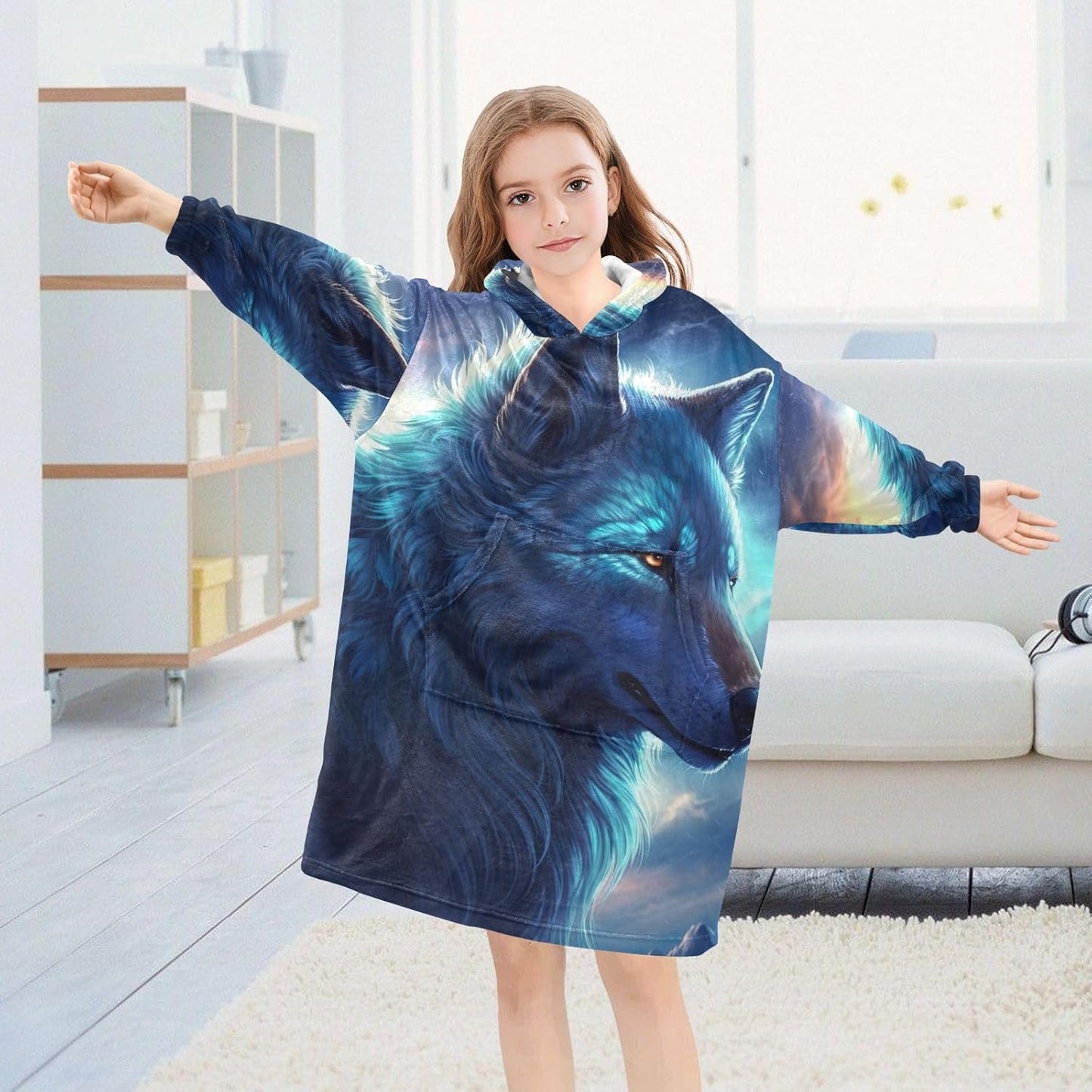 Wolf Wearable Blanket Hoodie for Kids Oversized Sherpa Hooded Blanket Cozy Warm Gift
