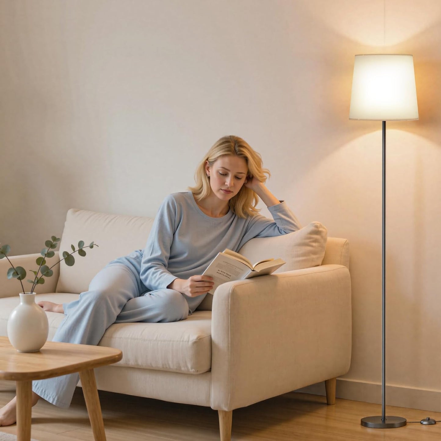 Floor Lamp with White Fabric Shade - Color Chaning Standing Lamp with Foot Switch, 3 Color Temps, 9W E26 LED Bulb Included, 62" Floor Reading Light for Living Room Bedroom Office Corner