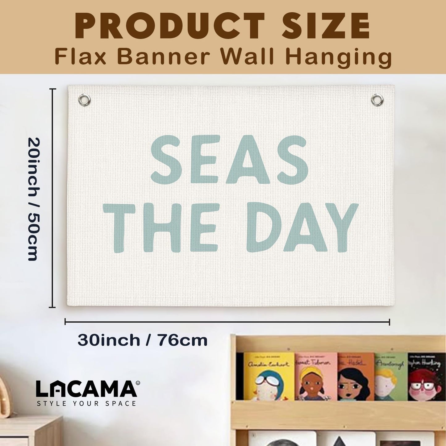 Lacama Beach Theme Wall Decor for Boys Room, Coastal Kids Playroom Nursery Hanging Sign, Seas The Day Linen Canvas Banner, Rustic Nautical Surf 30x20 Inch