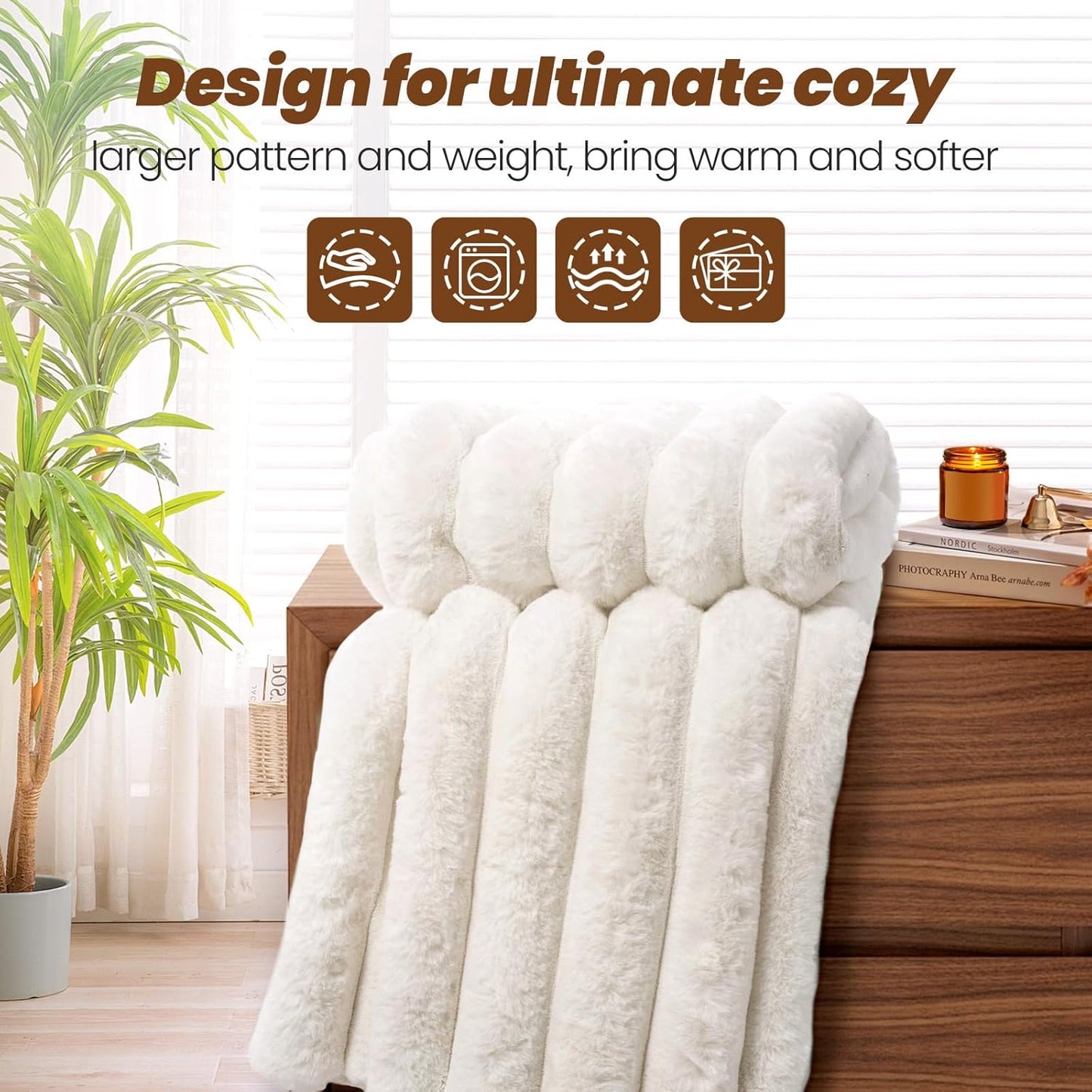 Faux Fur Throw Blanket for Couch,Cozy Soft Plush Thick Striped Luxury Blanket for Sofa Living Room Bedroom,50 * 60 Inches, White