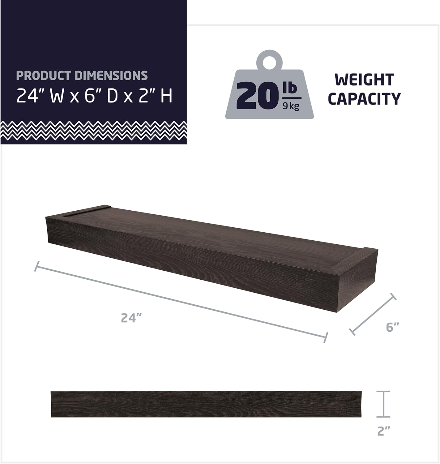 HIGH & MIGHTY Modern 24" Floating Shelf Holds up to 20 lbs, Easy Tool-Free Dry Wall Installation, Flat, Espresso | 515659
