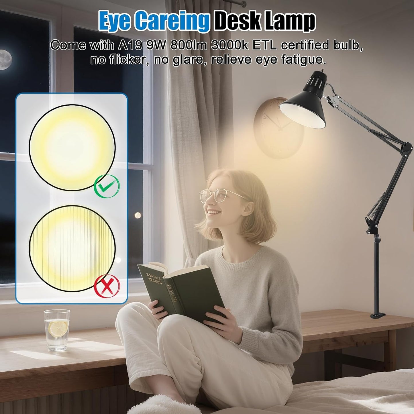 LED Clamp on Desk Lamp,360°Adjustable Swing Arm Desk Lamp,Clamp Light with Eye-Caring LED Bulb for Home Office Reading Drafting