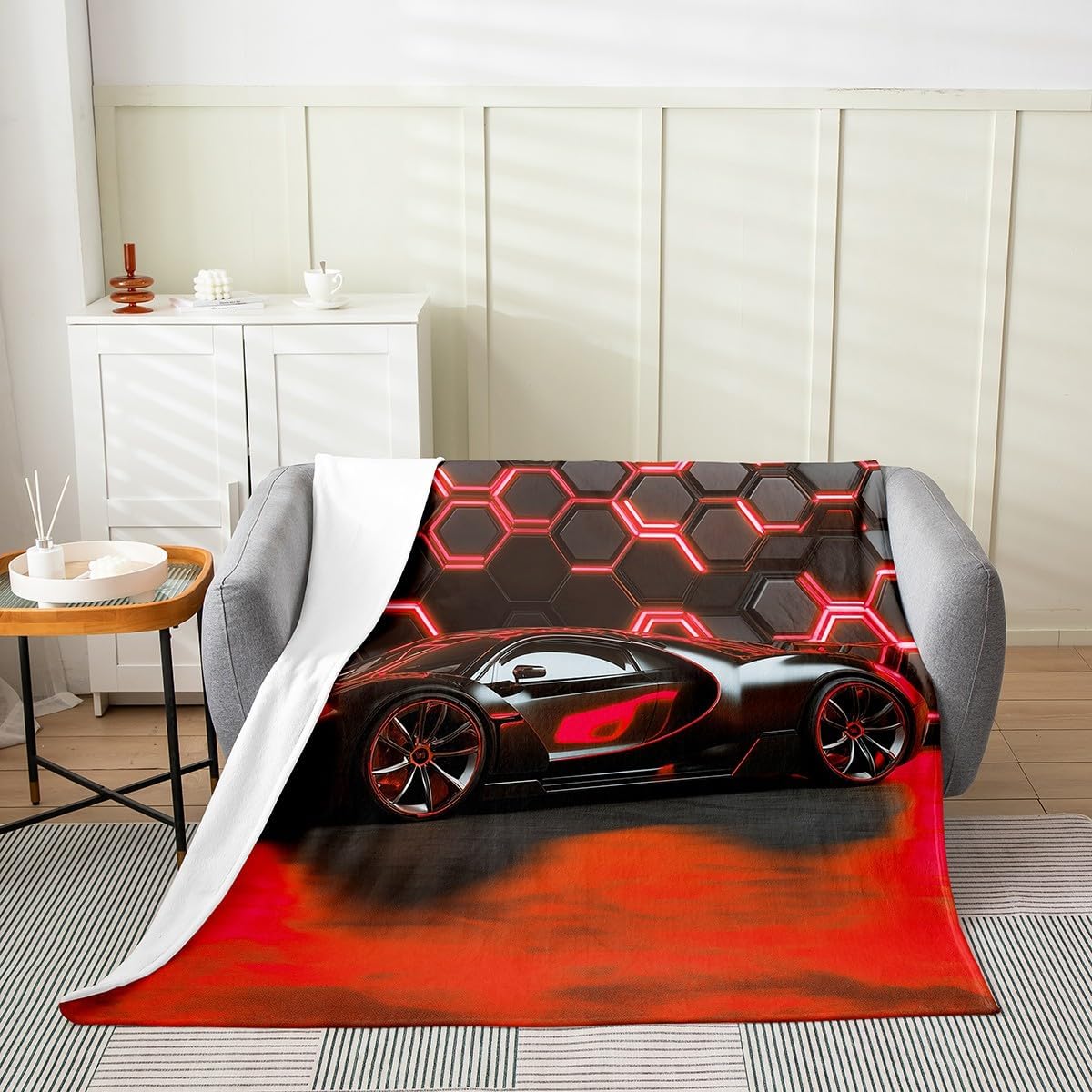 Feelyou Red Race Car Fuzzy Honeycomb Flannel Fleece Throw Blanket for Sofa Couch Speed Sports Car Extreme Sports Racing All Season Bed Blanket 40"x50" Modern Plush