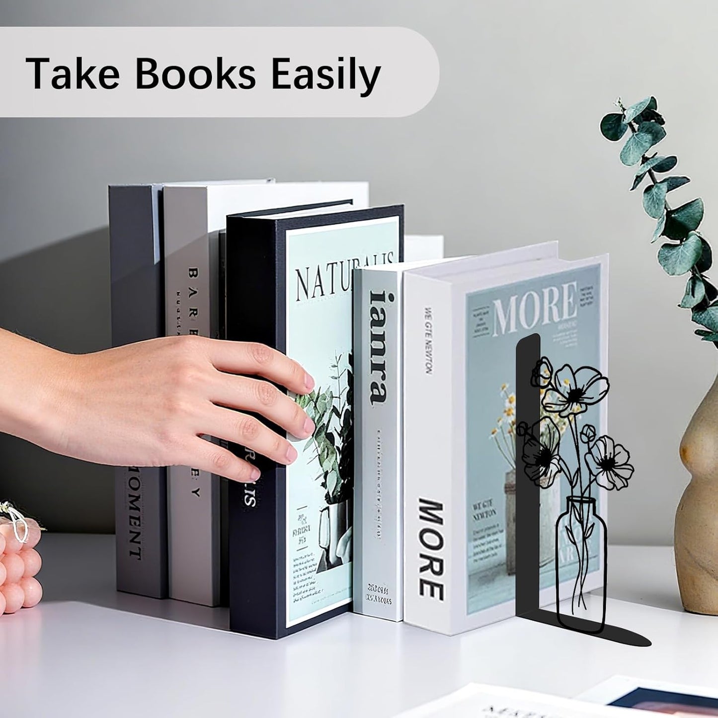4 Pcs Floral Metal Bookends - Flowers Book Ends for Shelves Decorative, Home Office Desk Bookshelf Decor, Gift for Floral Lovers and Reading Enthusiasts, Reading Gifts for Women