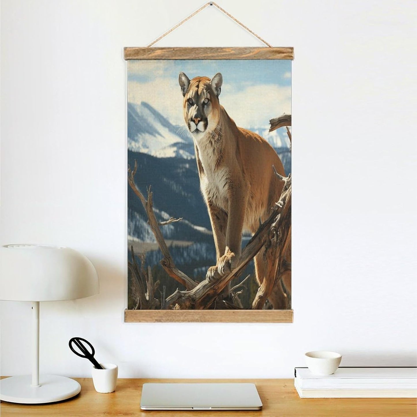 Vintage Panther Mountain Lion Poster with Wooden Frame Personalized Linen Hanging Scroll Painting Rustic Wall Hanging Illustrative Modern Artwork Decor for Home Living Room Bedroom Office