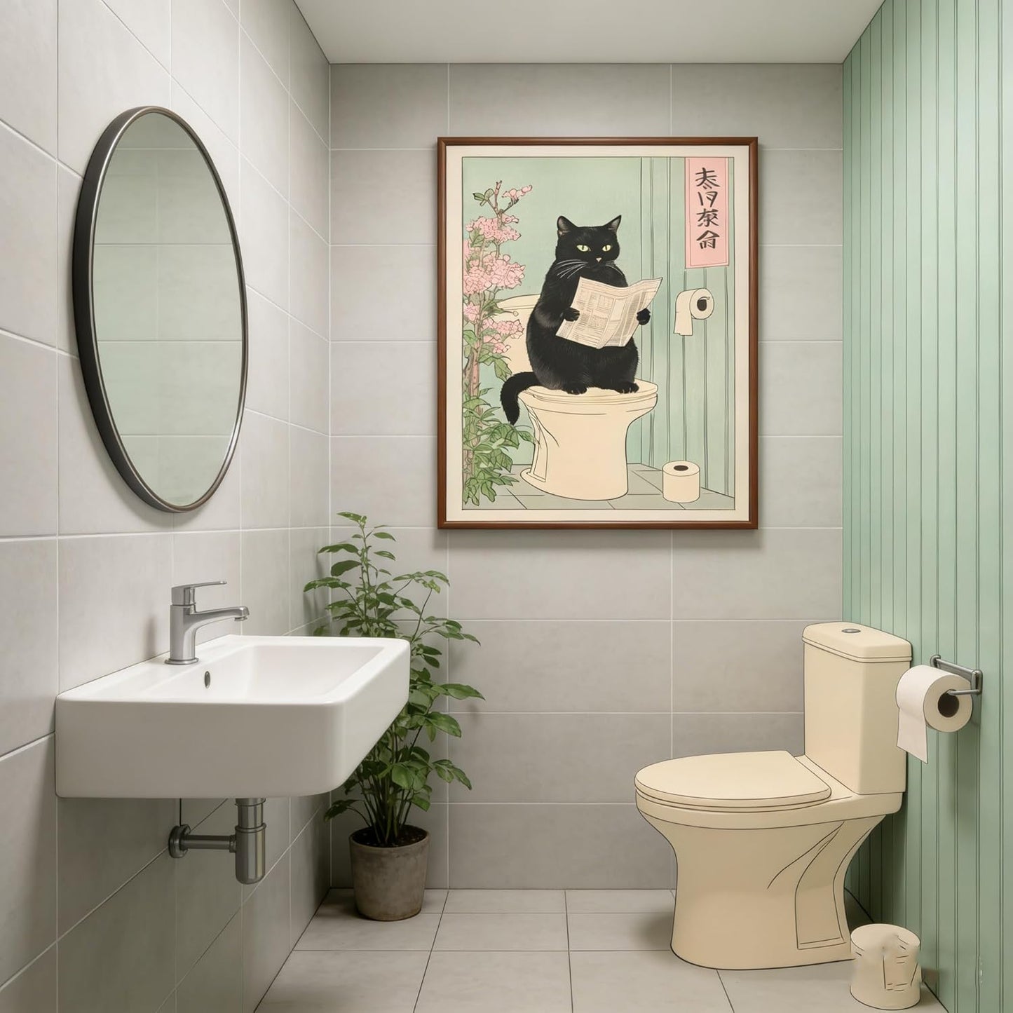 Paivovi Framed Japanese black cat on toilet Canvas Wall Art Funny bathroom print Toilet poster Japanese Cat Wall Decor Pictures Aesthetic Minimalism Artwork Neutral Painting Home Decoration,12x16in