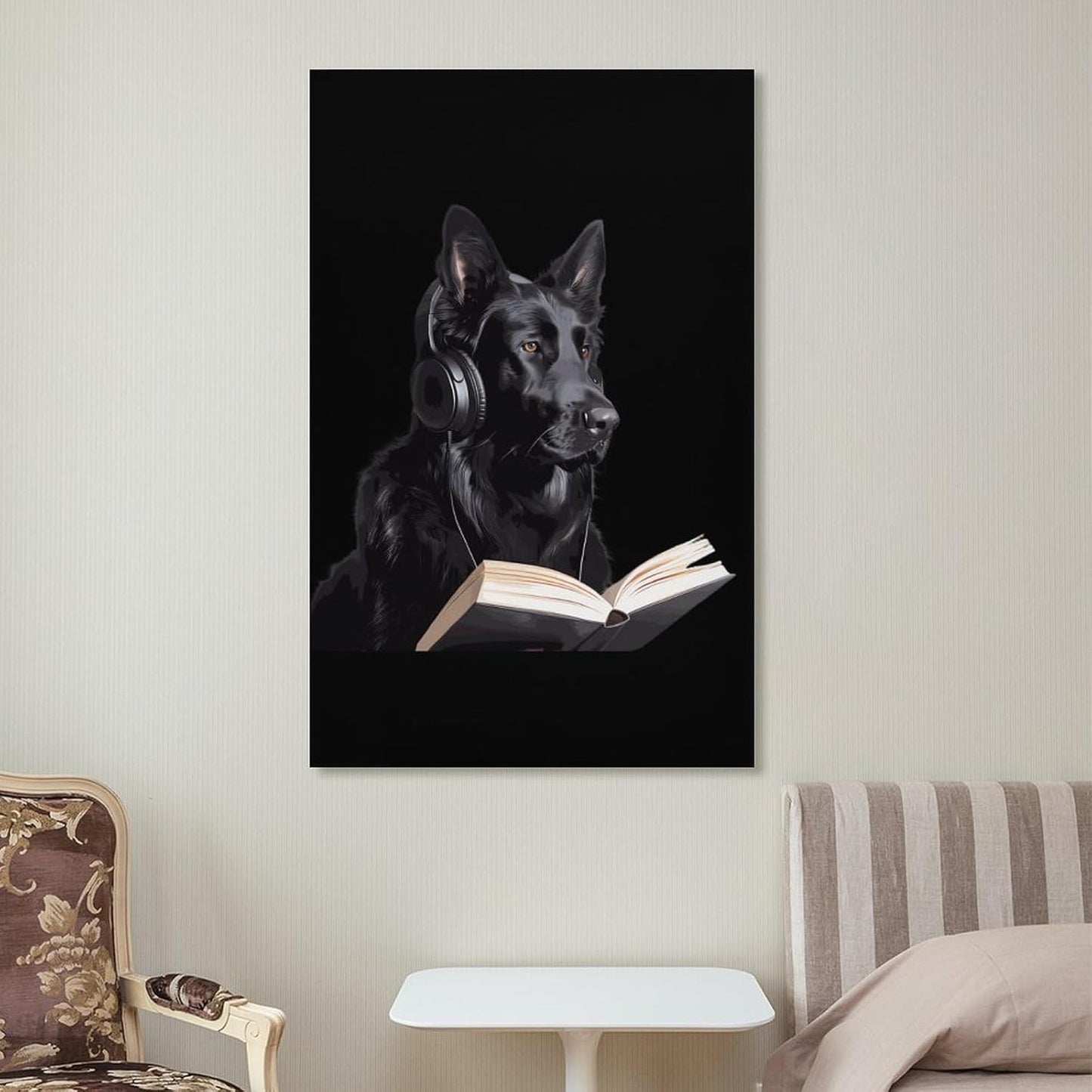 German Shepherd Wearing Headphones Reading Canvas Wall Art Print Artwork Picture Hanging Painting Modern Home Living Room Decor