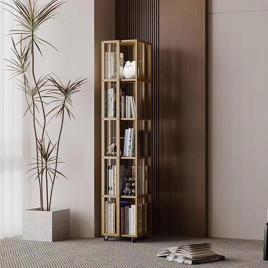 Bamboo Rotating Bookshelf With Wheels 360 Display MDF Spinning Bookshelf Tower 5 Tier Floor Standing Bookcase Storage Rack Revolving Bookcase Corner Bookshelf For Small Space Bedroom Study Room(Origin